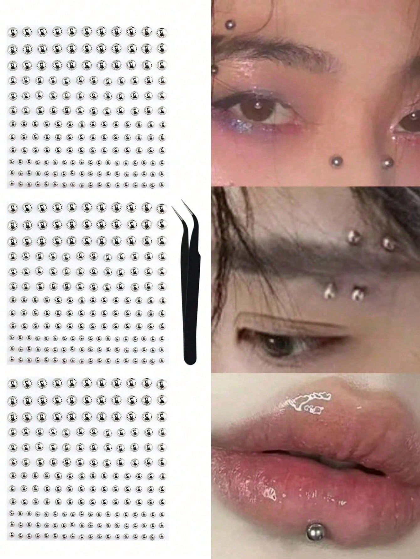 1/2/3/4pcs Lip Piercing Jewelry, Y2K Style Fake Piercing Jewelry (Nose Stud, Eyebrow Stud), No-Piercing Silver Belly Button Sticker, Punk Y2K Makeup Sticker (Unisex), Gift, Travel Essential, Affordabl