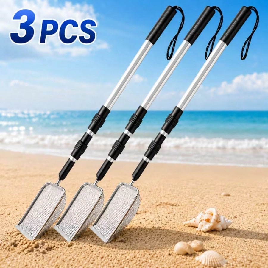 1/2/3pcs Telescopic Beach Sand Scoop, Metal Mesh Sand Sifter Shovel With Long Handle For Shells, Coins, Treasure Hunting & Outdoor Beach Use