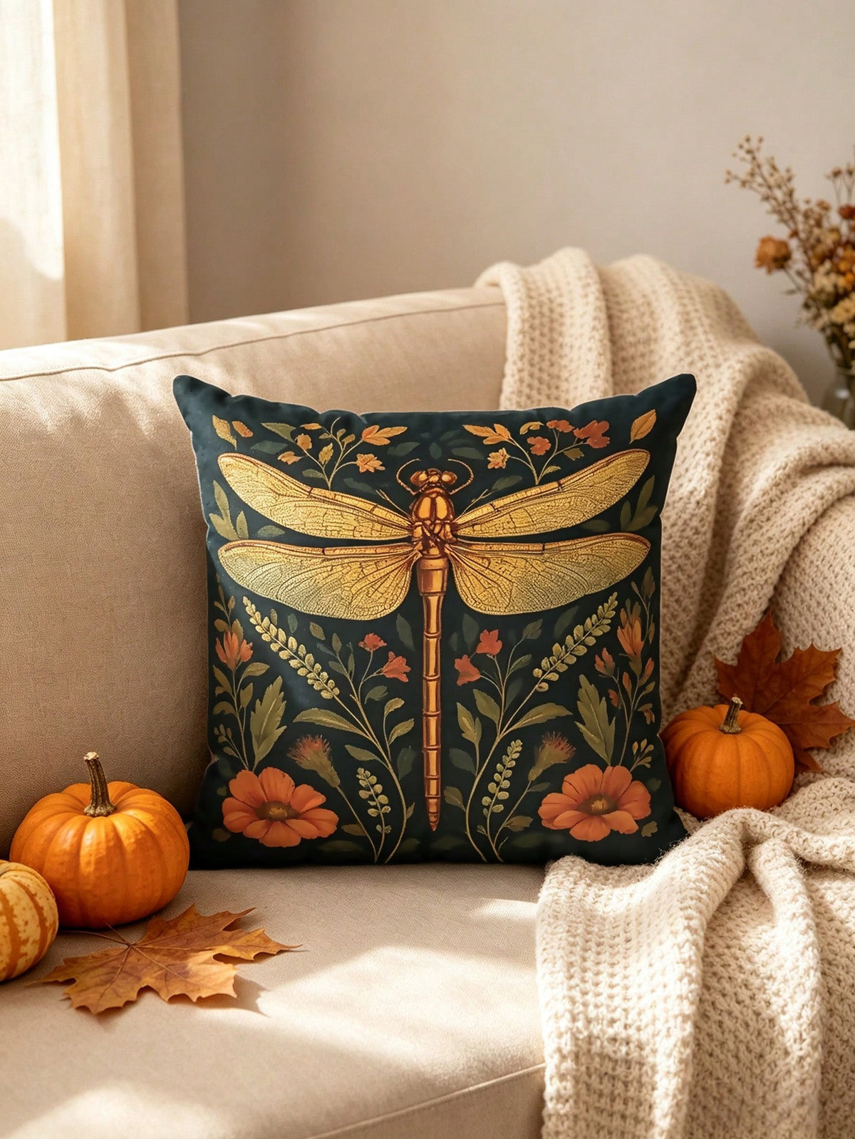 1/2/4pcs Vintage Oil Painting Floral Throw Pillow Covers, Thanksgiving Gift Deep Green Background Classical Gilded Dragonfly Retro Floral Pattern Print, Zipper Closure, Soft Fabric Machine Washable, L