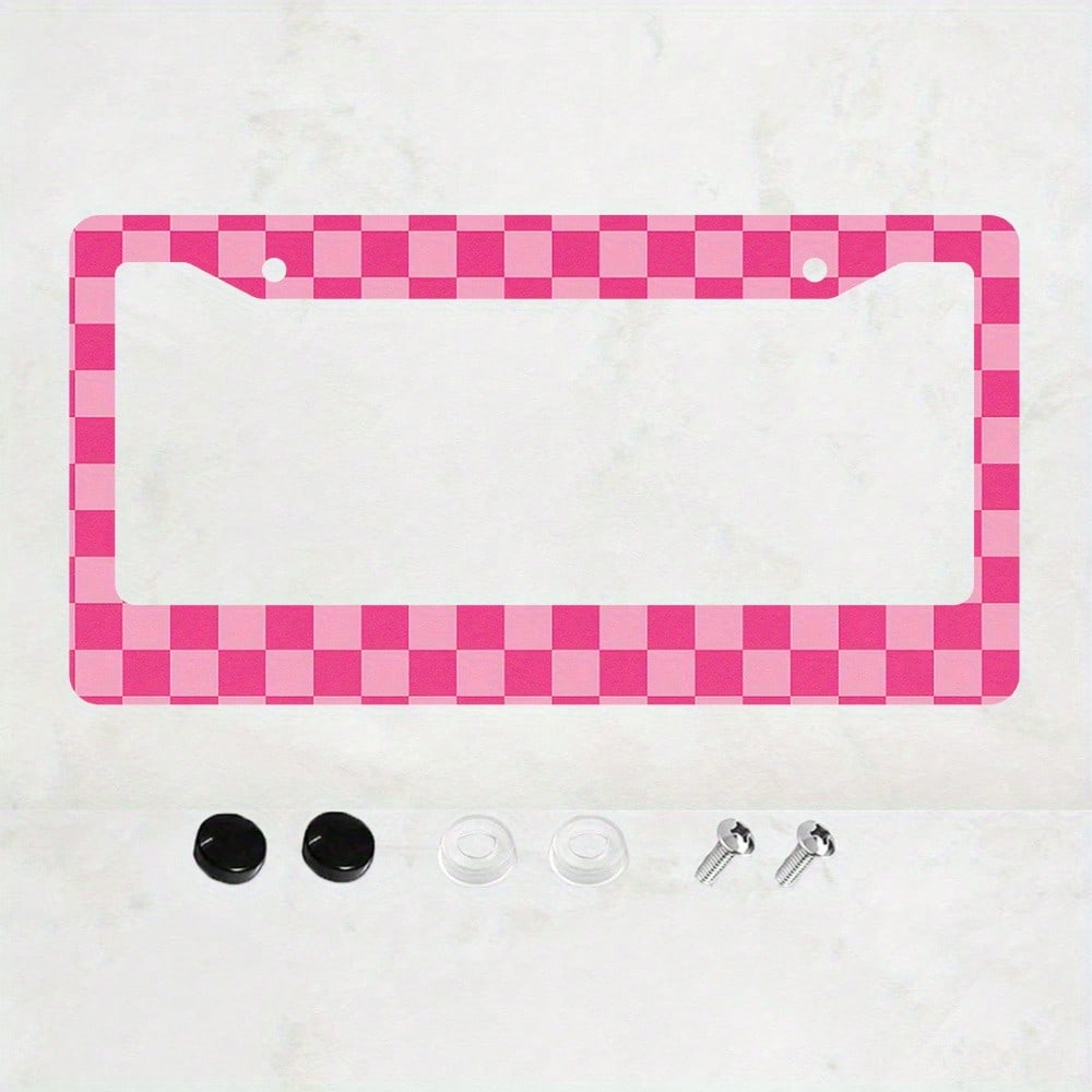 1 Aluminum License Plate Frame- Grid Print, 6x12inch US Standard Size, Pink And White Durable Car Bracket Comes With 4 Screws And Rubber Washers, Suitable For All Vehicles, Car Decoration Gift, Enhan