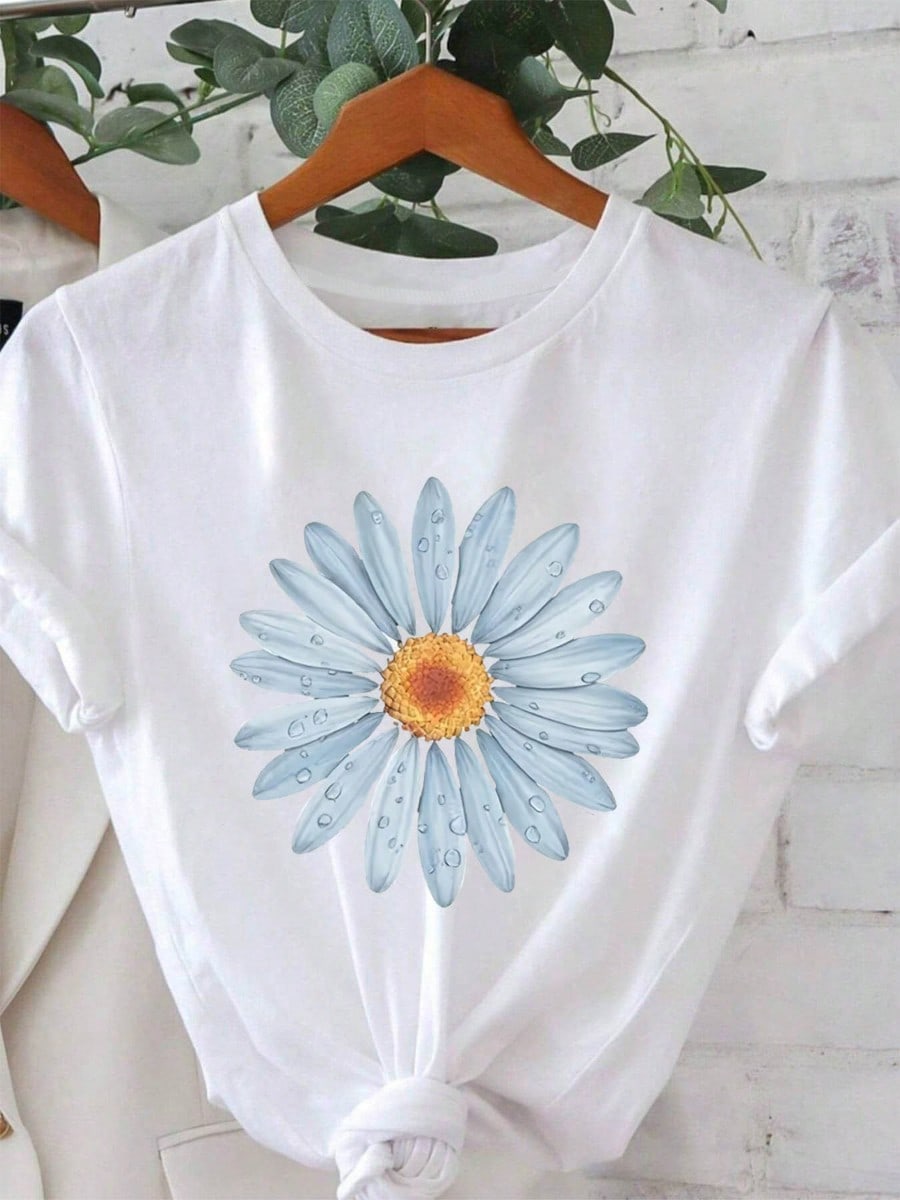 1-Piece Set--Women's Casual Daisy Print T-Shirt | Short-Sleeved, Round-Neck, Lightweight And Breathable Summer Top, Bright Blue And White Design