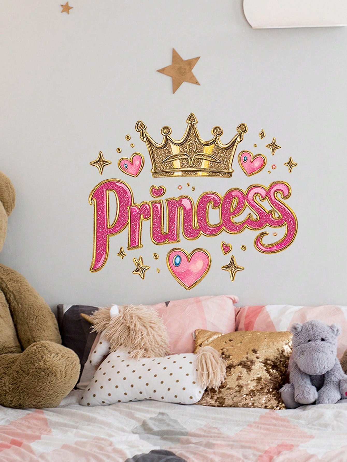 1 Princess-Themed Vinyl Wall Sticker, In Art Deco Style With A Shiny Pink Crown, Suitable For A Girl's Bedroom