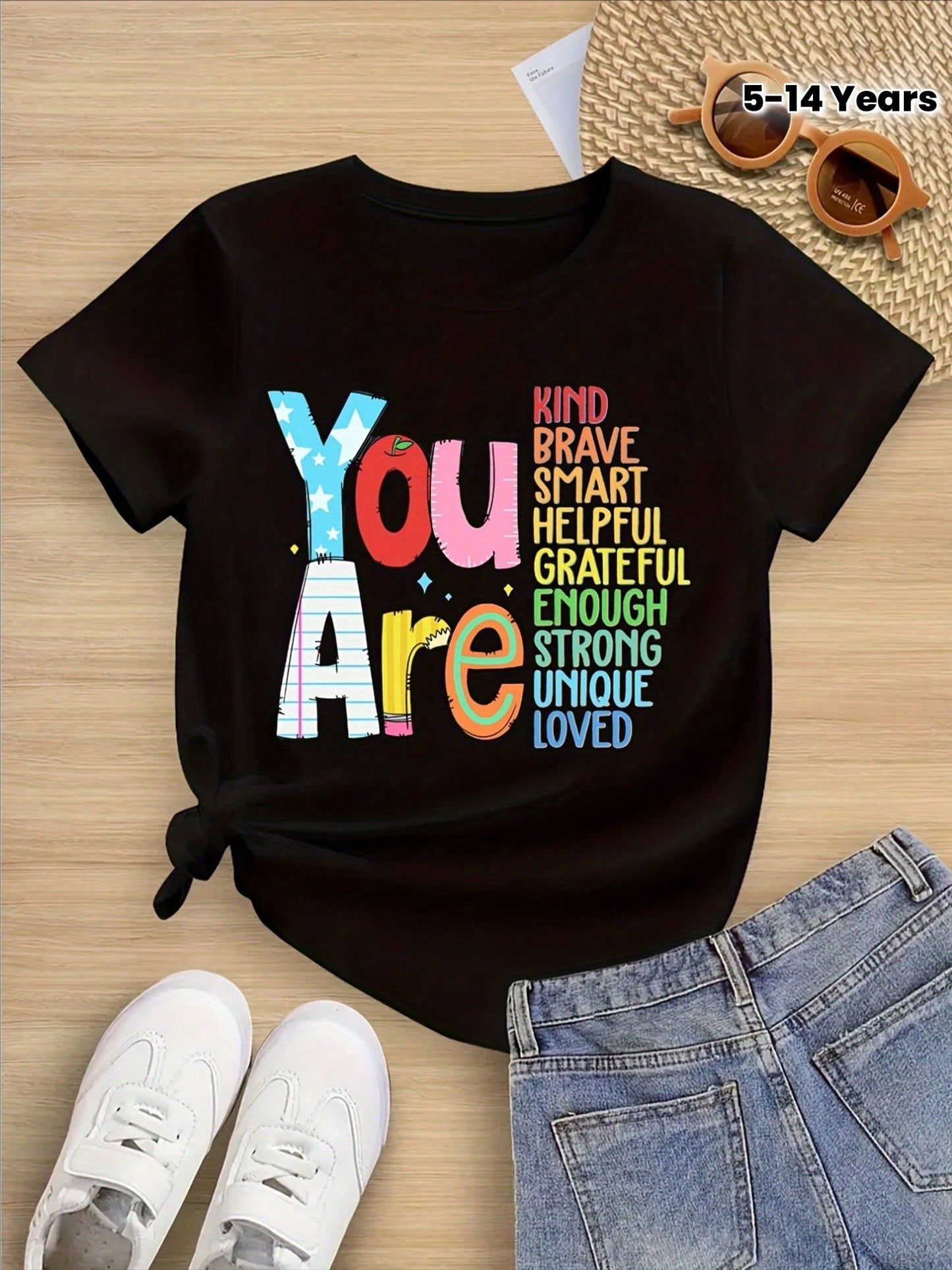 100% Cotton 'You Are' Motivational T-Shirt For Girls- Colorful Stars And Confetti Graphic, Soft And Breathable Crew Neck Top, Perfect For Everyday Wear, All-Season Comfort Kids Clothes Boys