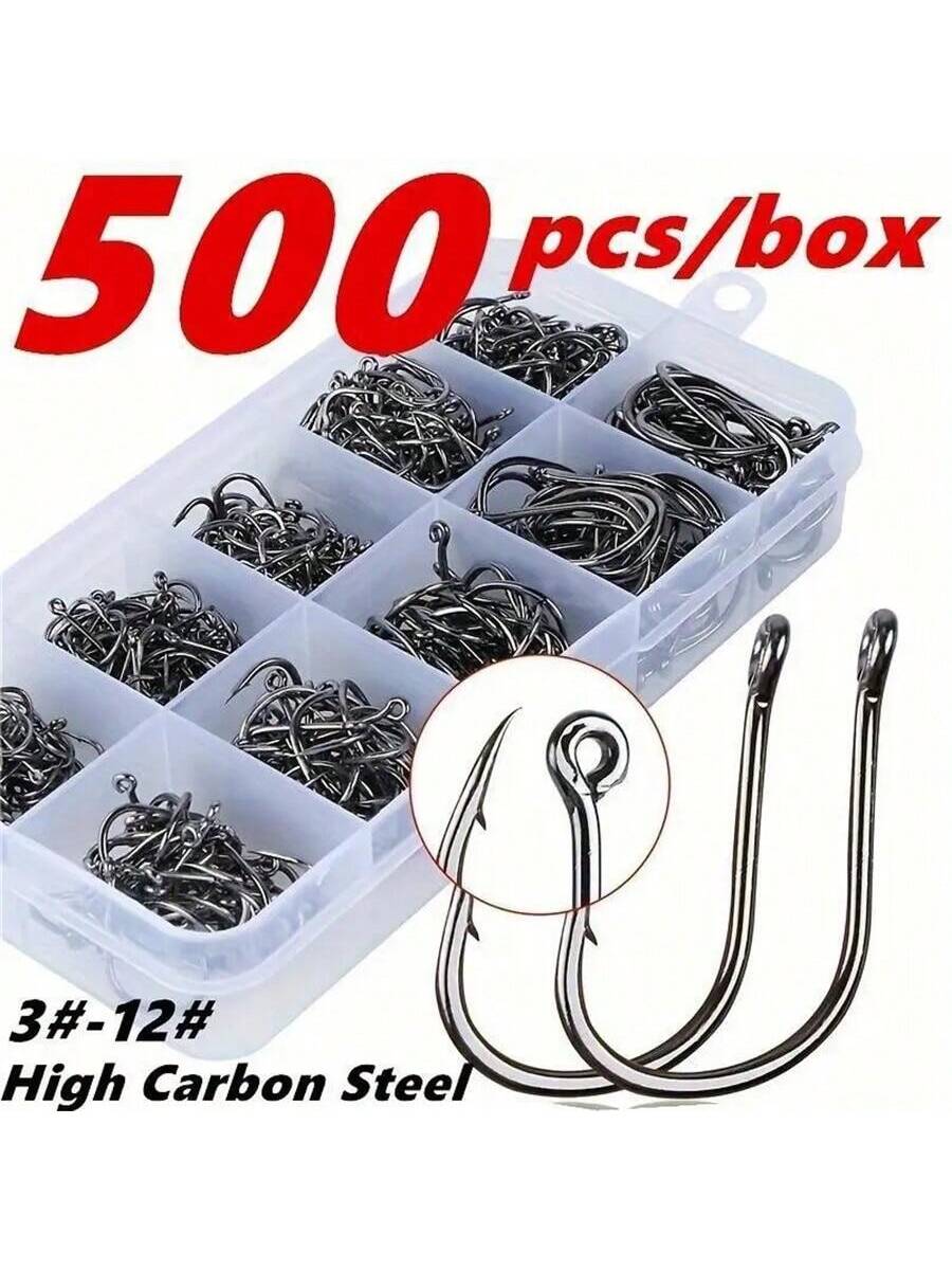 100pcs/300pcs/500pcs Iseama Barb Fishing Hooks With Hole Mixed Size 3#-12# Black Lure Hooks In Box