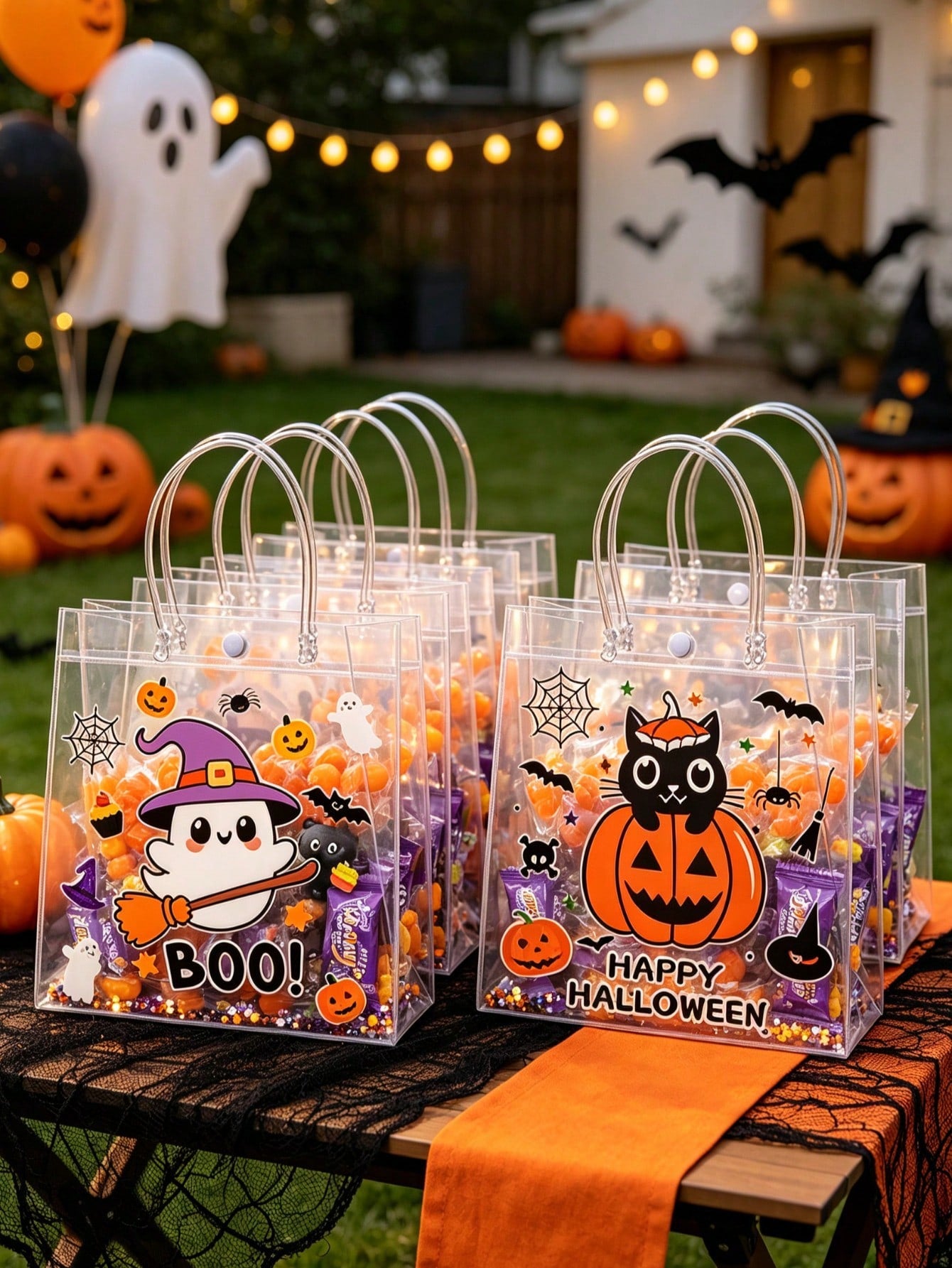 12pcs Transparent PVC Halloween Theme Assorted Gift Bags With Handles, Halloween Ghost Pumpkin Black Cat Design Gift Packaging Bags, Halloween Gift Bags, Candy Bags, Halloween Party Supplies, Suitable