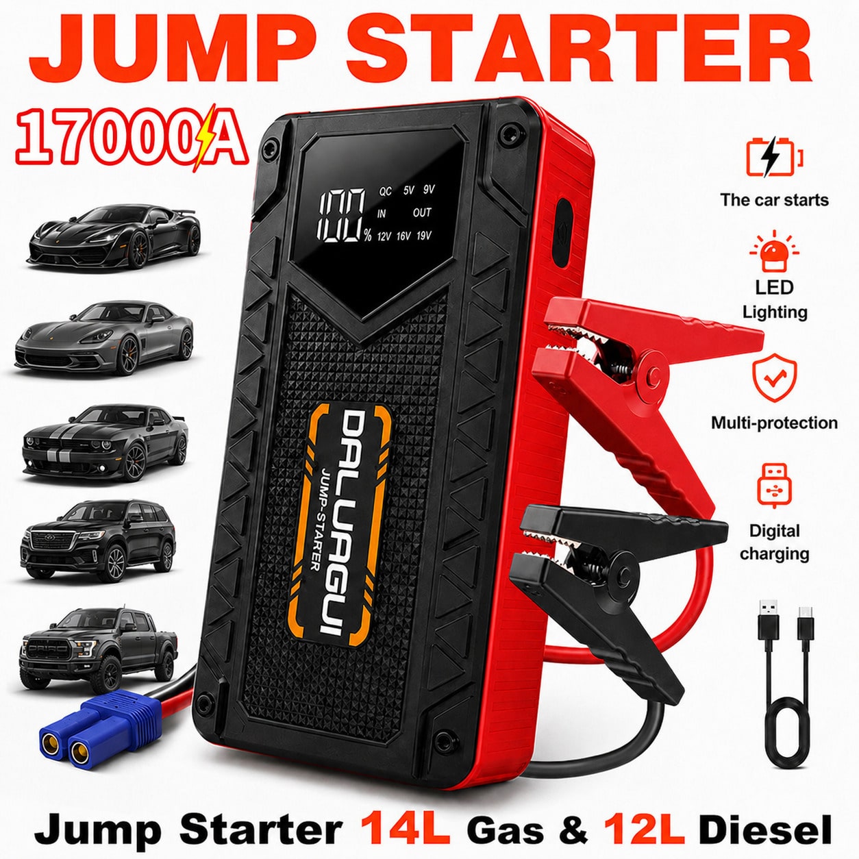 17000A Automotive Battery Booster Pack, Portable 12V Car Starter For Gasoline And Vehicles, With LED Emergency Torch And Intelligent Jumper Clamps For Cars SUVs Pickup Trucks And Motorcycles, Christm