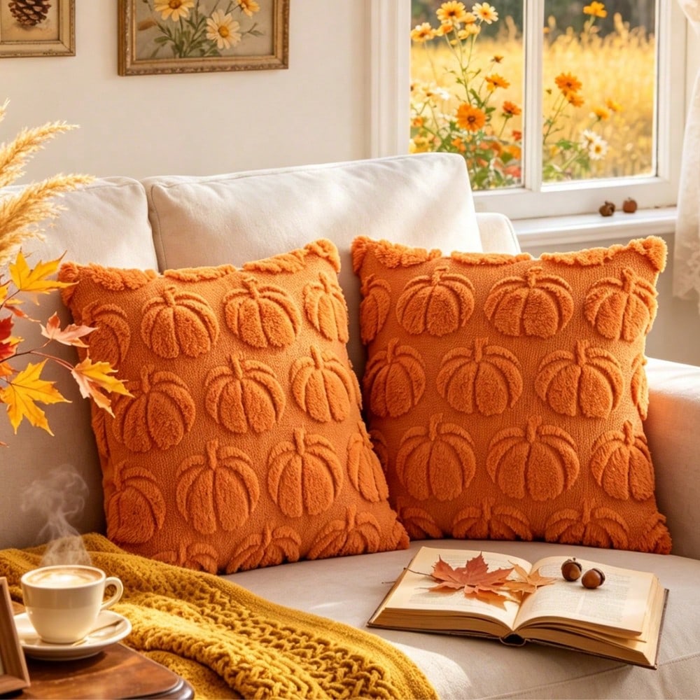 1pc 18x18 Inch Autumn Harvest Pumpkin Plush Pillow Case, American Country Vintage Halloween Farm Style, Soft Faux Wool Faux Fur Texture Cushion Cover, Living Room Sofa Bedroom Chair Home Decor, Pillow