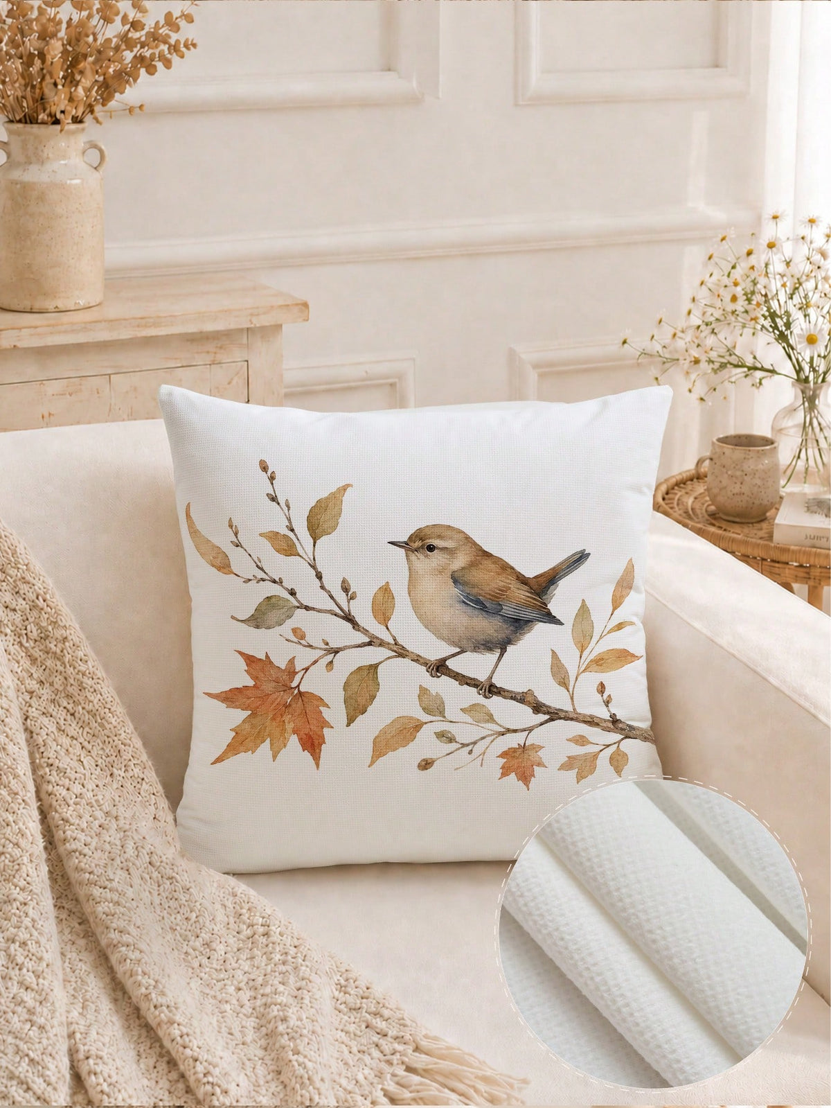 1pc Autumn Minimalist Daily Coffee Brown Leaf & Bird Pattern Waffle Fabric Cushion Cover, Single-Sided Print Soft Waffle Polyester Material, 45*45CM/18*18inch Pillowcase Suitable For Room Decor, Moder