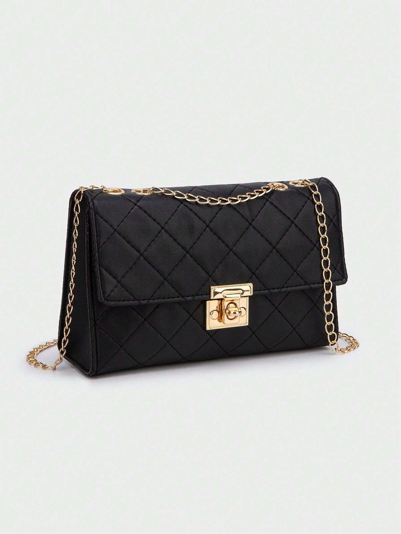 1pc Black Rhombus Pattern Chain Strap Women Satchel Bag, Fashion Light Quilted Flap Shoulder Crossbody Bag