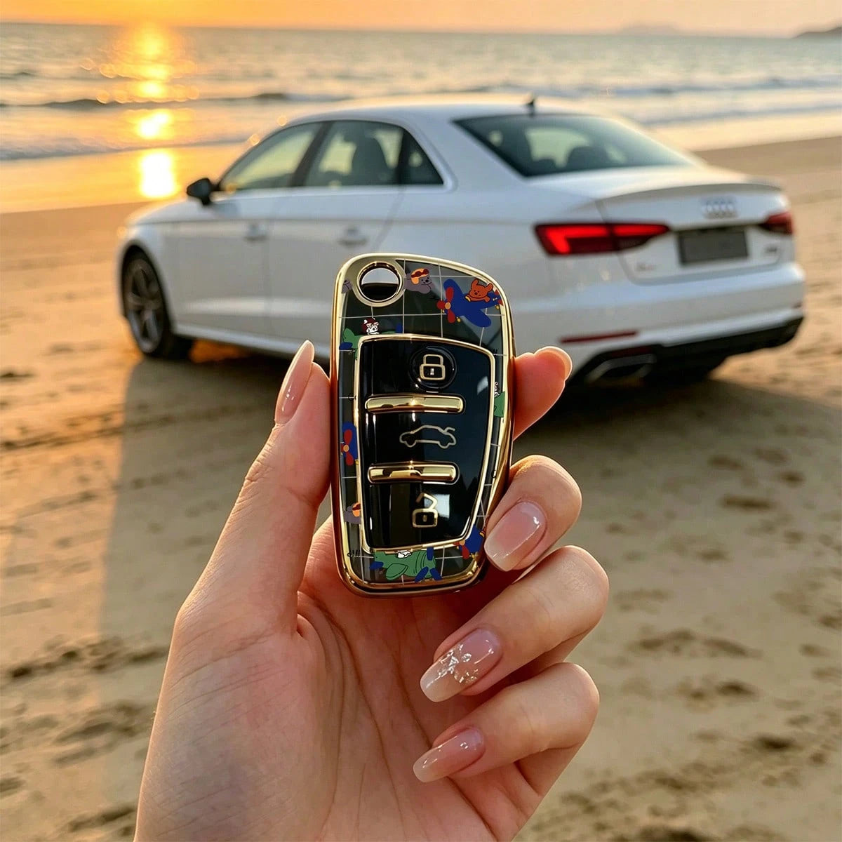 1pc Car Key Case-Edgy Print,Suitable For Audi A3 8P, A6 C6, Q3 8U, A1 8X, Q7 4L, TT 8J, R8 42.Advanced Soft-Touch, Does Not Block Signal, Unisex.