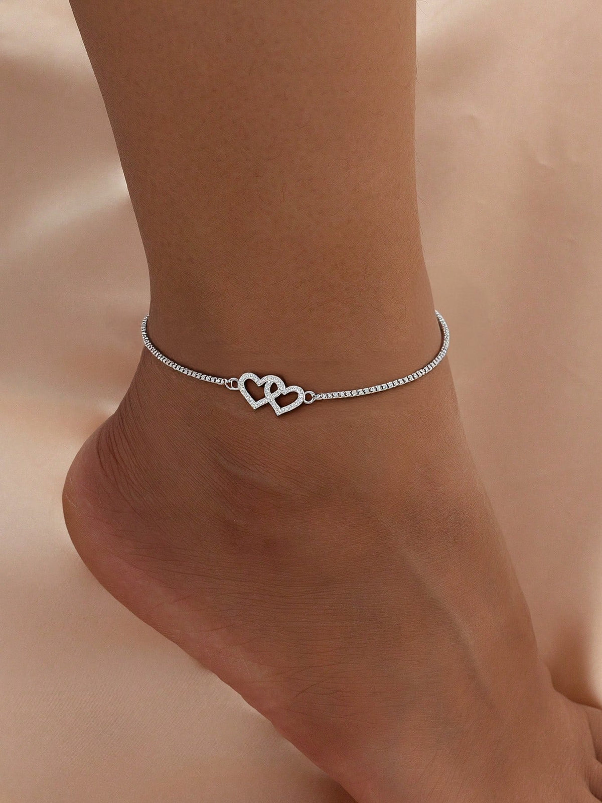 1pc Delicate Zirconia Double Heart Anklet, Suitable For Women To Wear On Vacation, Beach And Daily Occasions