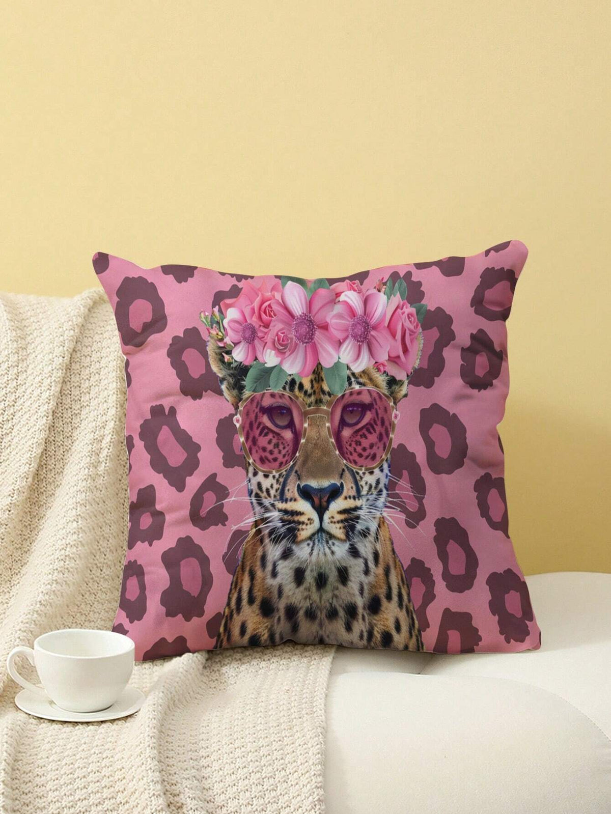 1pc Floral Leopard Pattern Single-Side Printed Pillow Cover, Home Decorative Pillow Case, No Filling