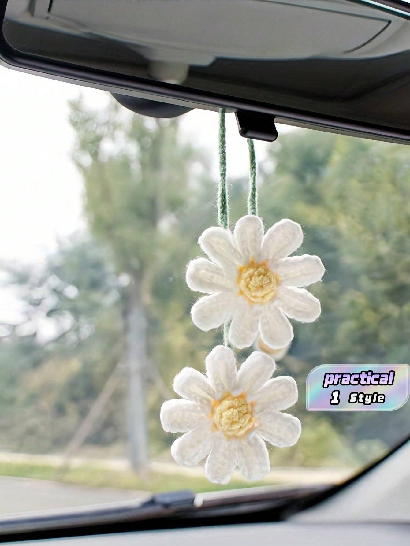 1PC Handmade Woven Daisy Pendant Lightweight Elegant Rearview Mirror Hanging Ornament Decorative Decor For Car Interior Daily Holiday Party Vehicle Aesthetic Gift Accessory
