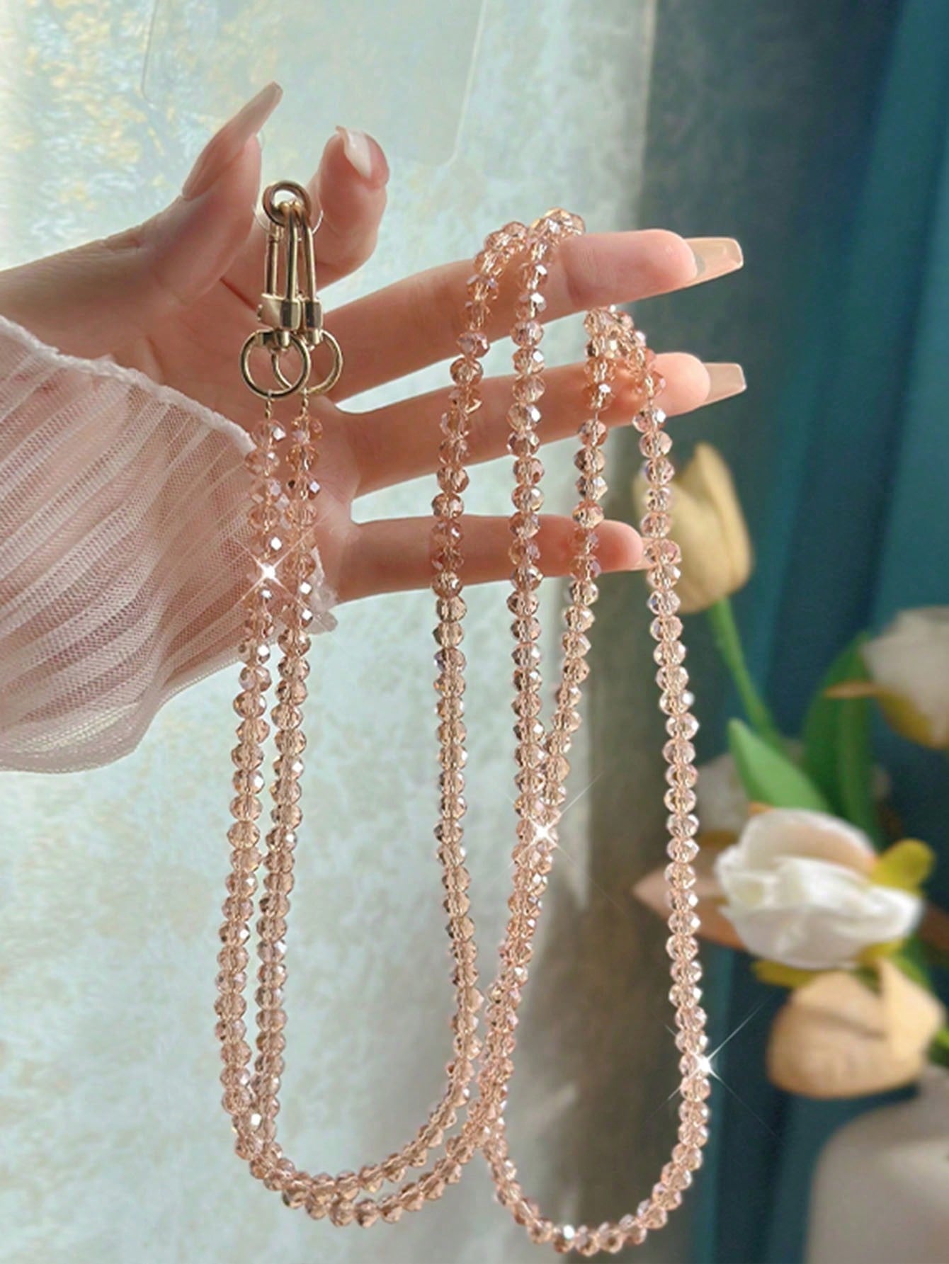 1pc Jade White & Black Orchid Shiny Glass Bead Chain, Suitable For Phone Charm, Bracelet, Crossbody Strap, Compatible With Bags.
