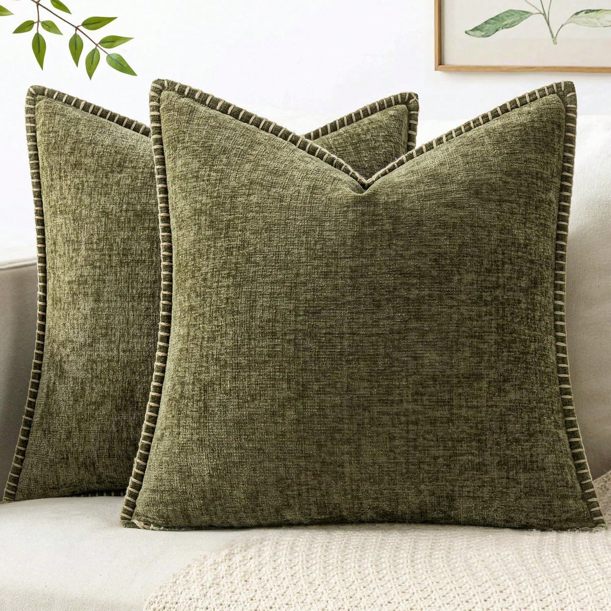 1pc Olive Green (Without Filling) Soft & Comfortable Skin-Friendly Double-Sided Chenille Throw Pillow Cover With Sewn Edges, Spring/Summer Farmhouse Velvet Pillowcase, Decorative Square Pillow Sham, S