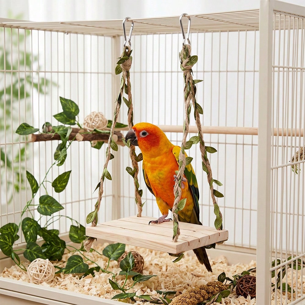 1pc Simulated Vine Hammock Wooden Parrot Swing Chewable Bird Toy, Fun Bird Perch, Suitable For Hamsters, Budgies And Lovebirds, Bird Cage Accessories And Cage Decor, Small Pet Hammock Toy