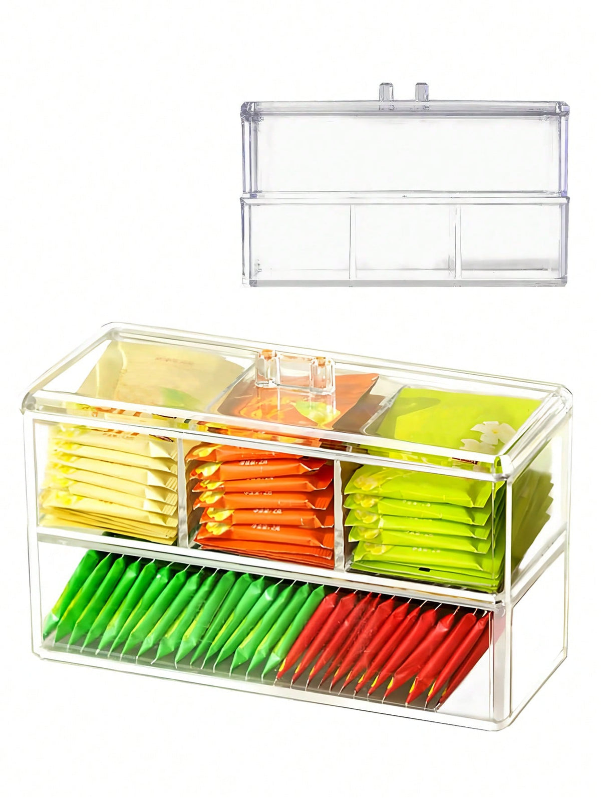 1pc Tea Bag Organizer Box With Lid, Desktop Compartment Storage Box, Drawer Organizer, Clear Acrylic Storage Container, Perfect For Kitchen Cabinets, Countertops & Pantry Storage, Ideal For Coffee Pod