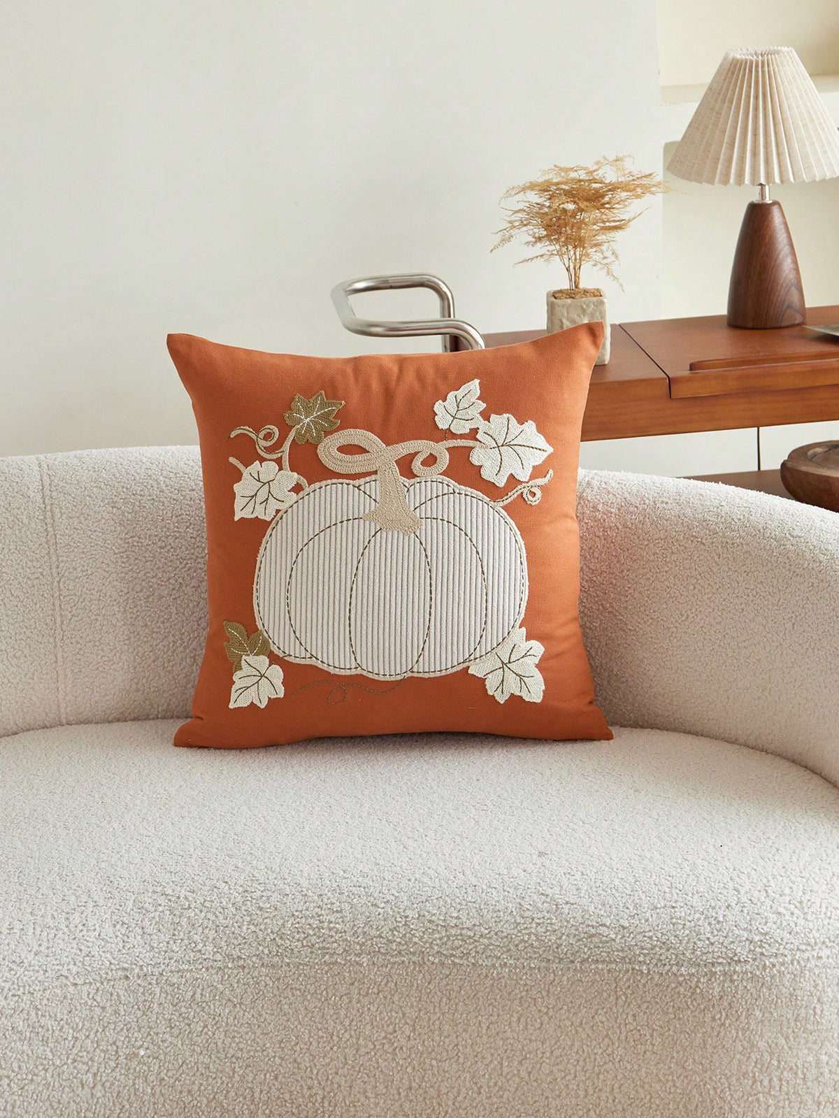1pc Thanksgiving Orange Pumpkin Embroidered Pillow Case, Suitable For Indoor Decor, Thanksgiving Decoration, All Season Pillow Case, Without Insert