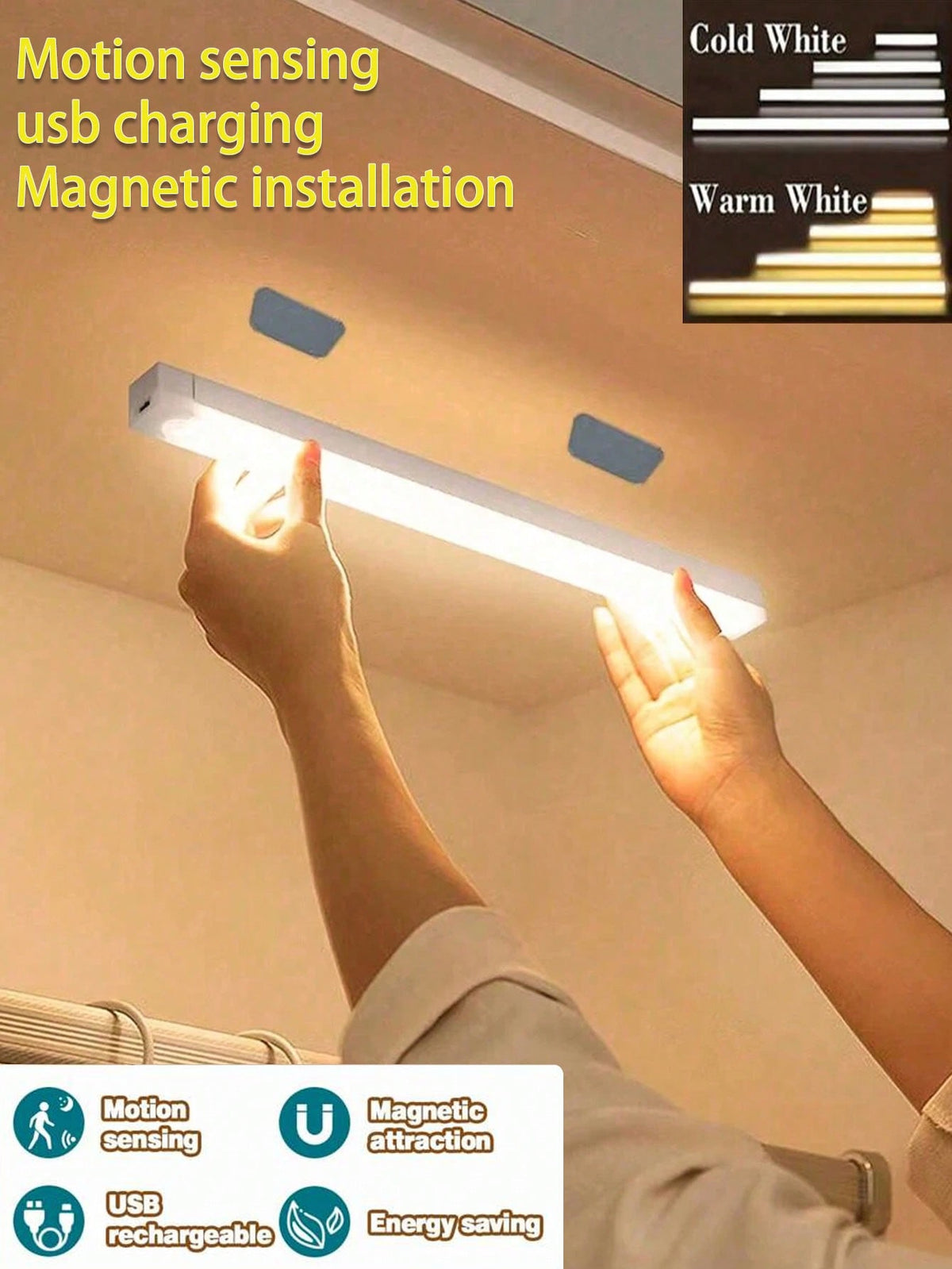 1pc USB Rechargeable Motion Sensor Night Light, Warm/White Cabinet Light Wireless Motion Sensor LED Strip Light, LED Long Sensing Lamp, Bedroom Reading Light Rechargeable Magnetic Night Light, Lightin