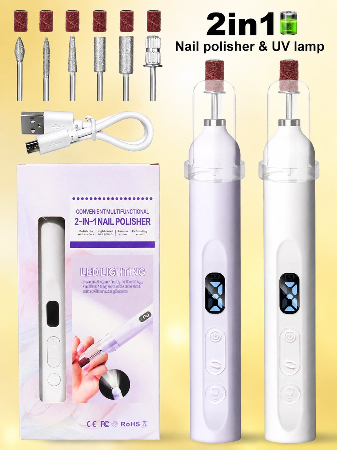 2-In-1 Electric Nail Drill Set, Wireless Rechargeable Portable Nail File, 3-Speed Adjustable, Suitable For Natural Nails, Thick Toenails And Foot Care Nail Polishing Tool, Professional Manicure And Pe