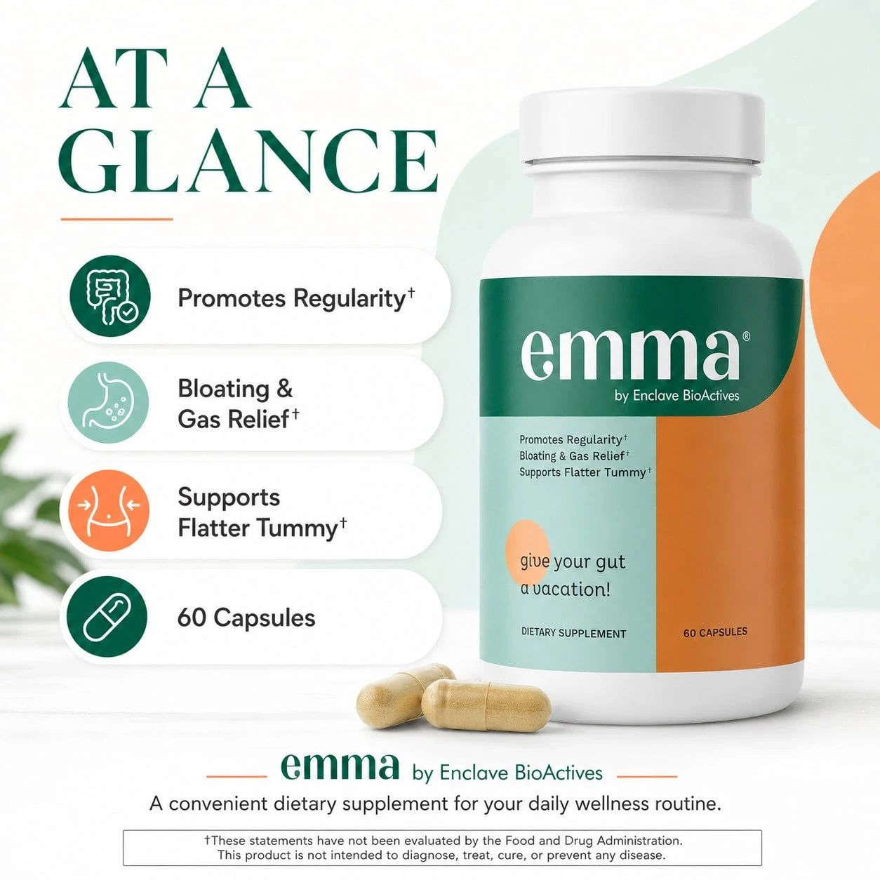 2-Pack Bundle|Emma Digestive Support, Bloating & Gas Relief, Supports Regularity & Flatter Tummy, 60 Capsules/Bottle