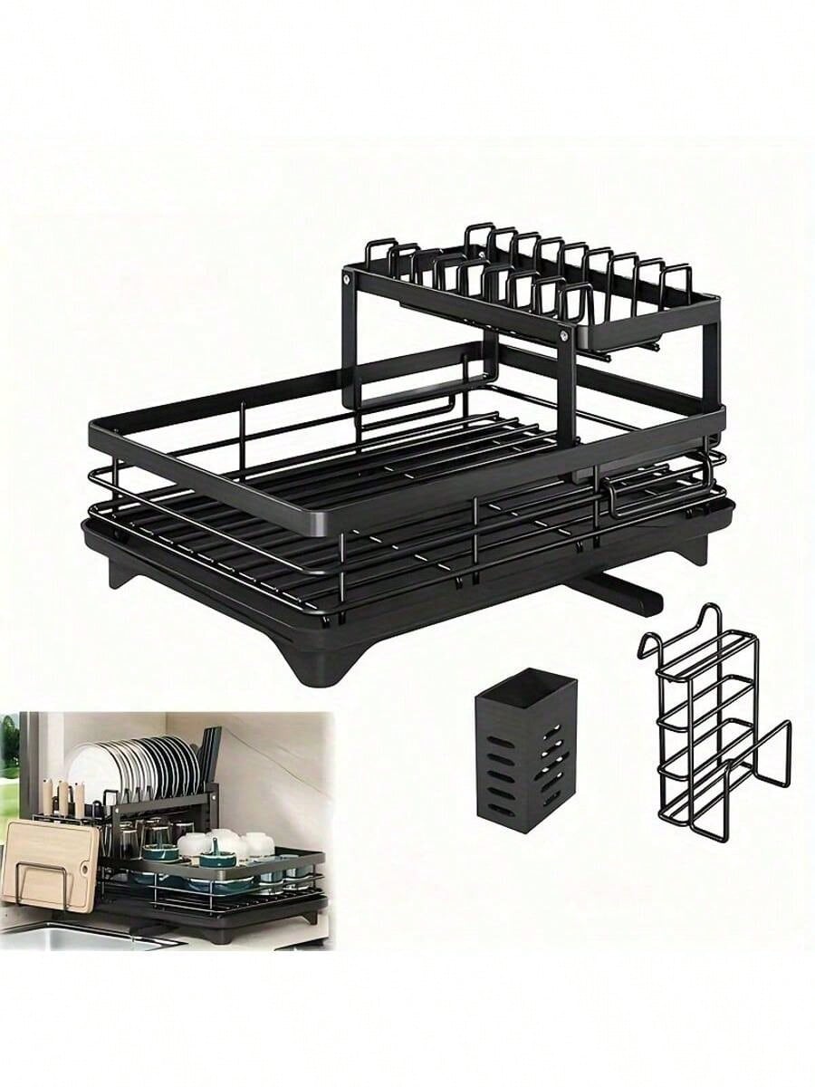 2-Tier Black Expandable Dish Drying Rack, Suitable For Kitchen Countertops, Large Dish Drainer With Pot Rack, Cup Rack, And Dish Rack For Iron Kitchen Counters And Sink Dish Racks - Large-Capacity Sto