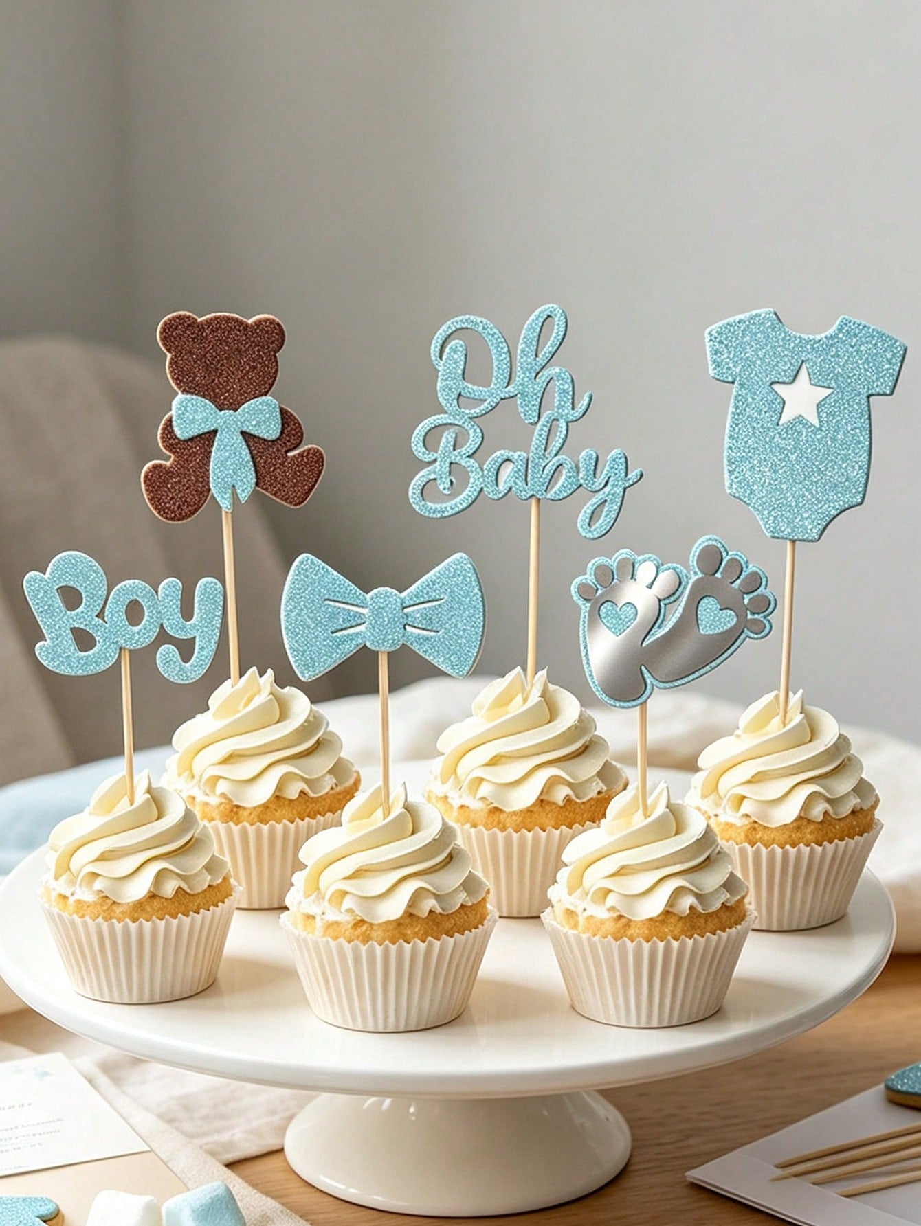 24/12pcs Gender Reveal Party Cupcake Toppers, Blue Cake Toppers, Glitter Boy Cupcake Toppers, Gender Reveal Theme Baby Shower Birthday Cake Decor, Baby Shower Supplies, Birthday Decoration, Strawberry