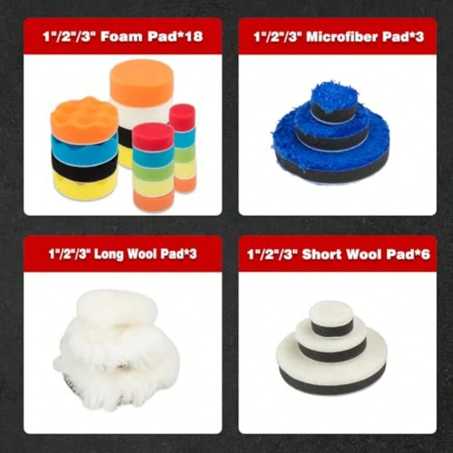 27pcs Body Repair Buffing And Polishing Pads 1/2/ 3inch Foam Polishing Pads, Woolen Polishing Pads, Microfiber Applicator Pads TLBP0601A Cordless Buffer Polisher