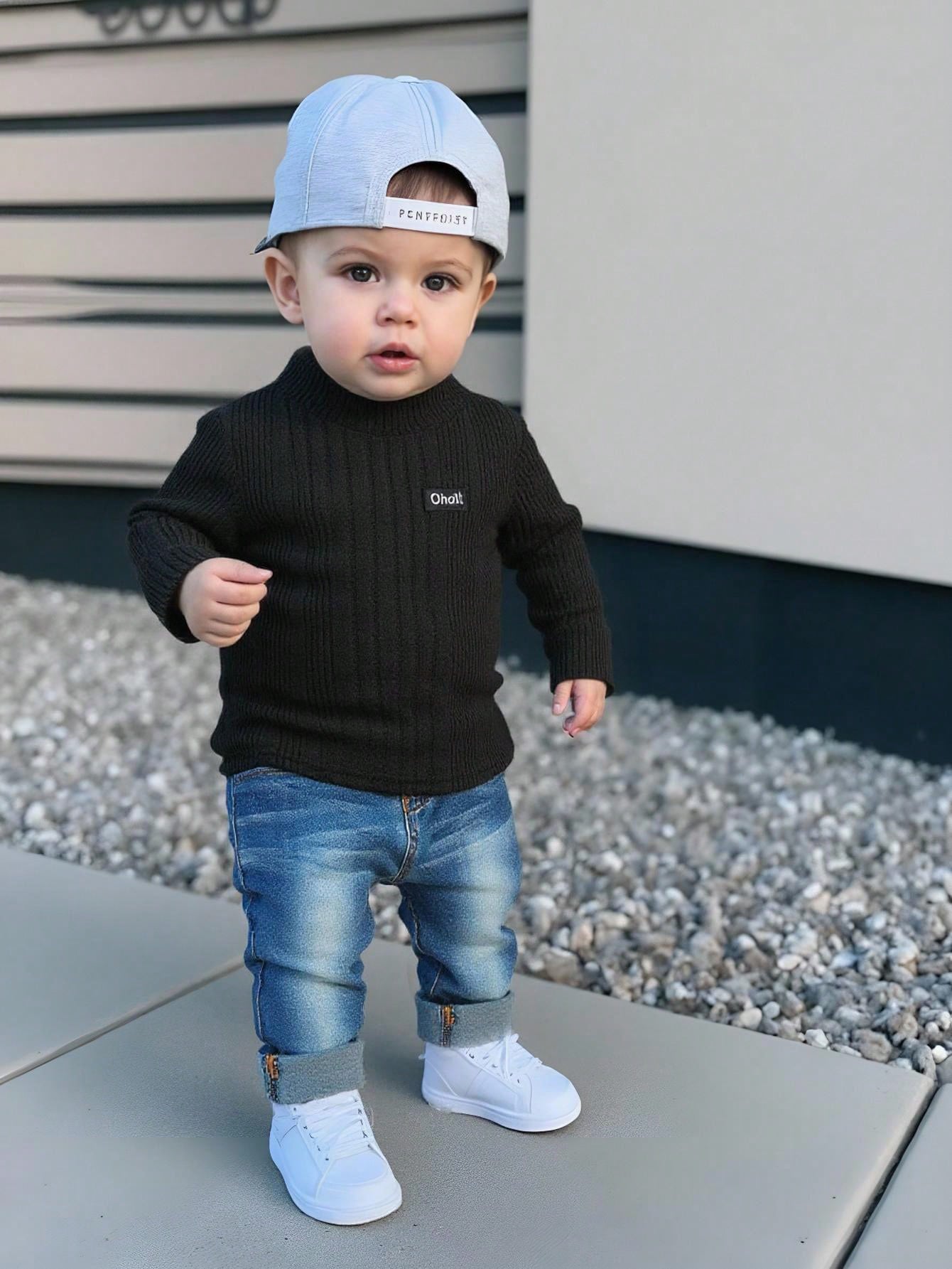 2pcs Baby Boys Black Thermal Lined Knit Long Sleeve Top & Denim Pants Set,Autumn Casual Date Outfit,Comfortable Basic Streetwear For Fall Winter