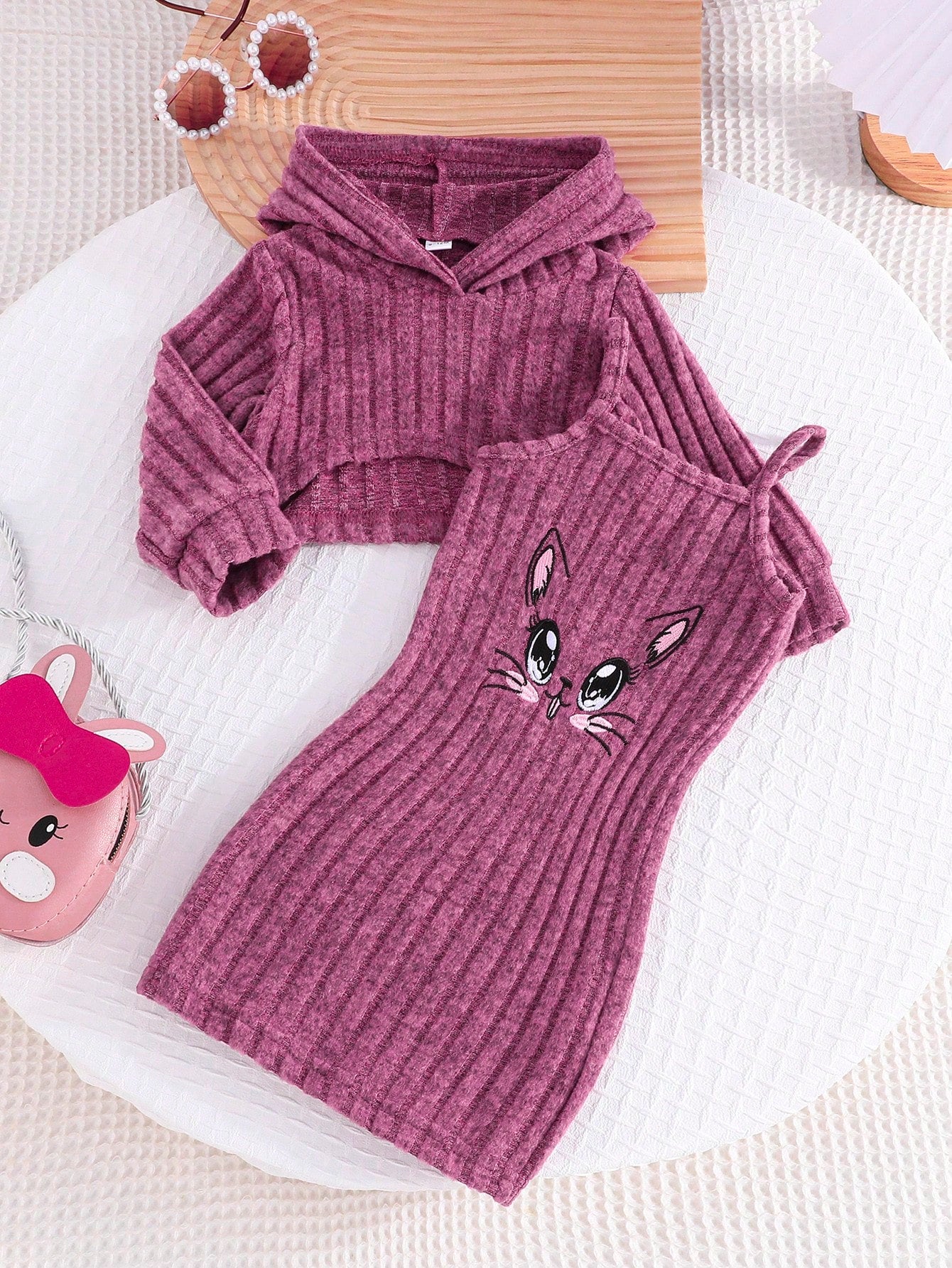 2pcs Baby Girls Spring Autumn Set, Long Sleeve Hooded Crop Top Paired With Cute Cat Graphic Print Casual Dress, 2 Pieces Outfit