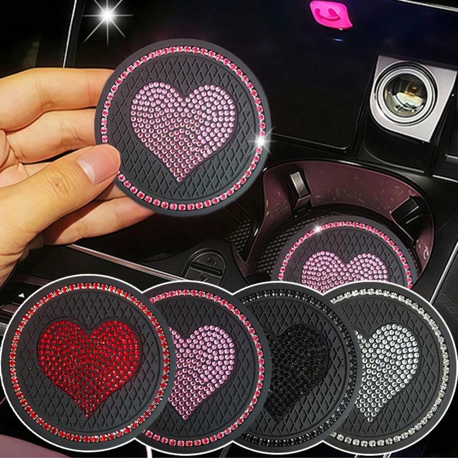 2PCS Luxury Style Multi-Color Rhinestone Heart Car Cup Holders, Sparkling Rhinestone Texture, Soft Durable Easy To Clean, Secure Water Cups And Beautify Interior