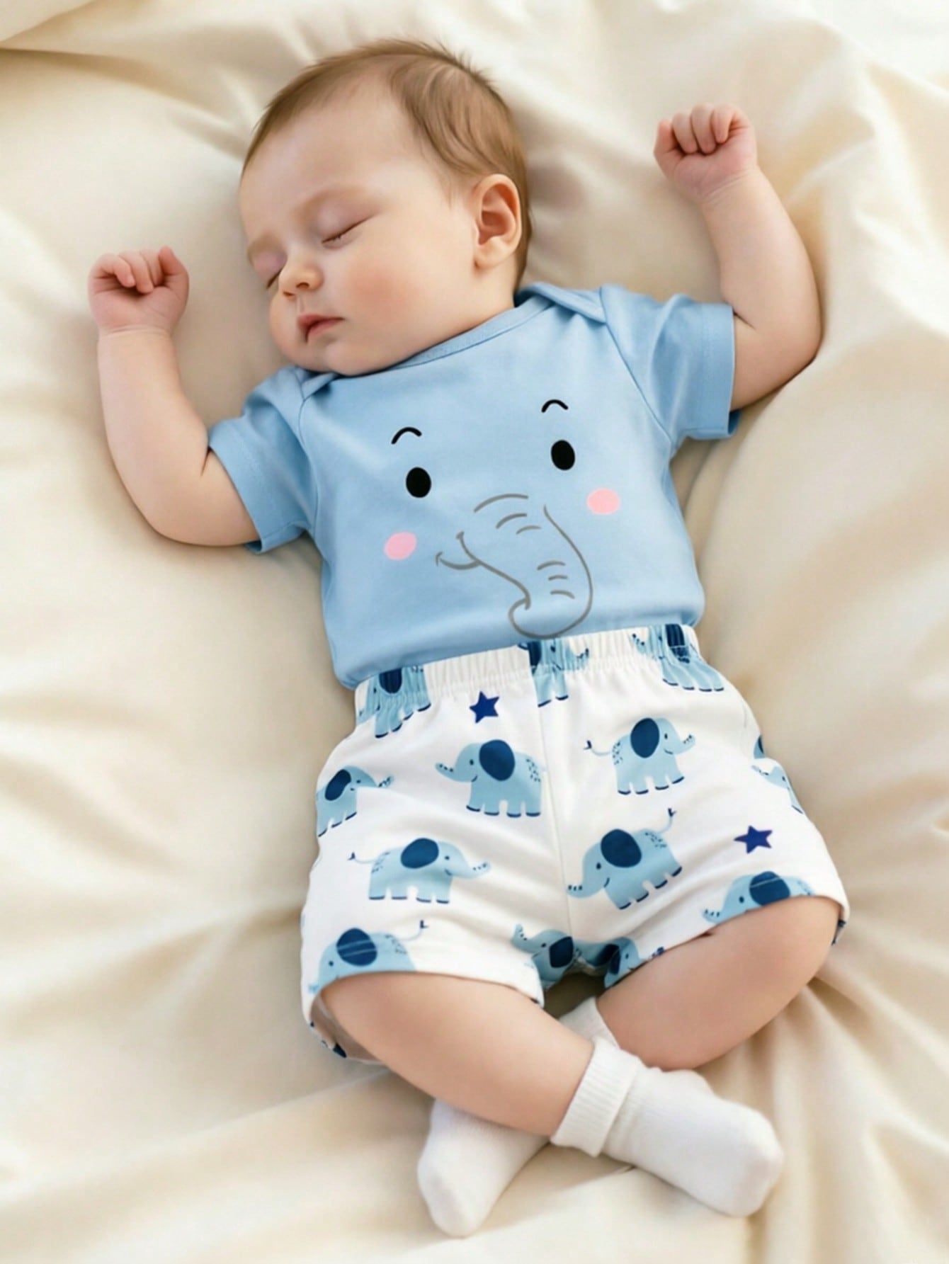 2pcs Newborn Short Sleeve Outfit Blue And White Striped Summer Casual Cute Family Matching Romper Shorts Elephant Print Soft Comfortable Clothes