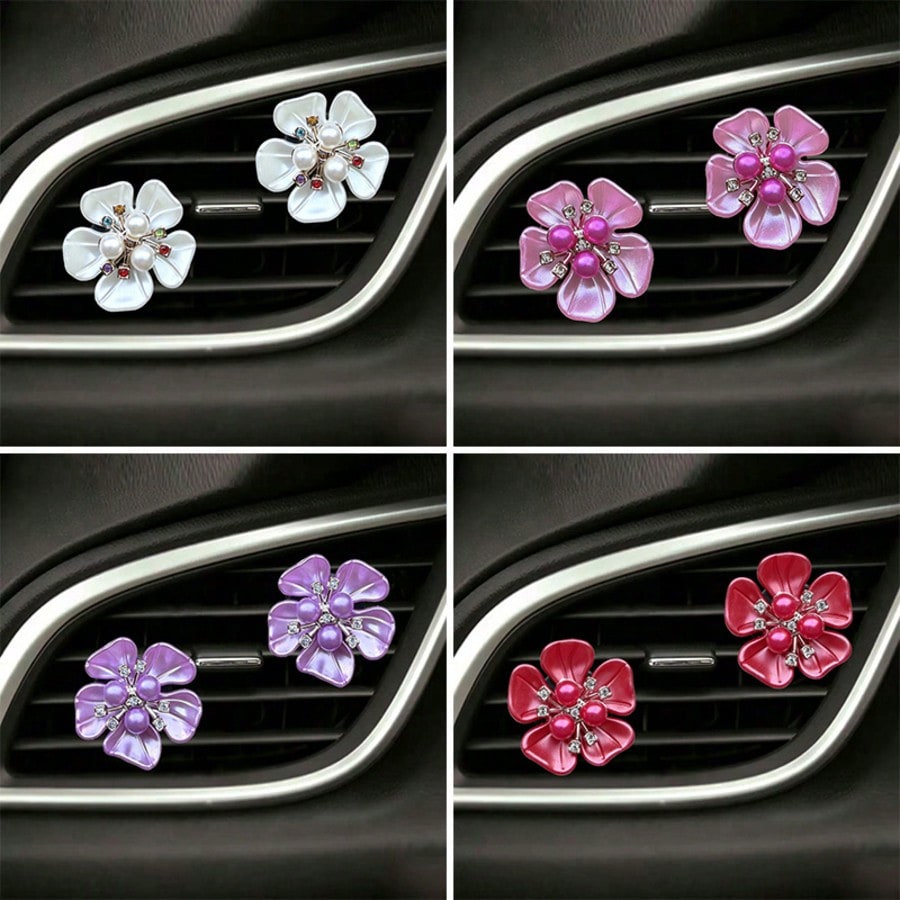 2pcs Pearl Rhinestone Flower Car Air Vent Decor Clips, Car AC Vent Decoration, Interior Fresh Flower Ornament