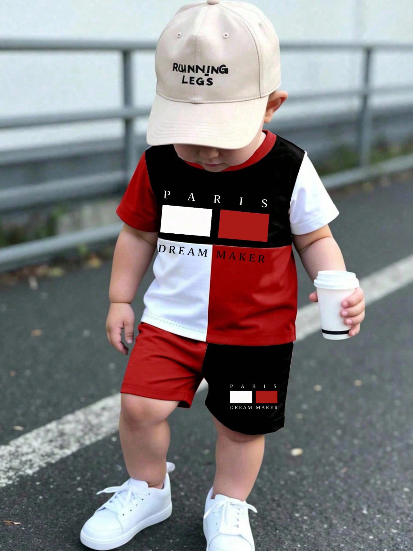 2pcs/Set Baby Boy Black And Red Paris & DREAM MAKER Letter Print Colorblock T-Shirt And Shorts Set,Summer Street Life Casual Graphic Street Fashion