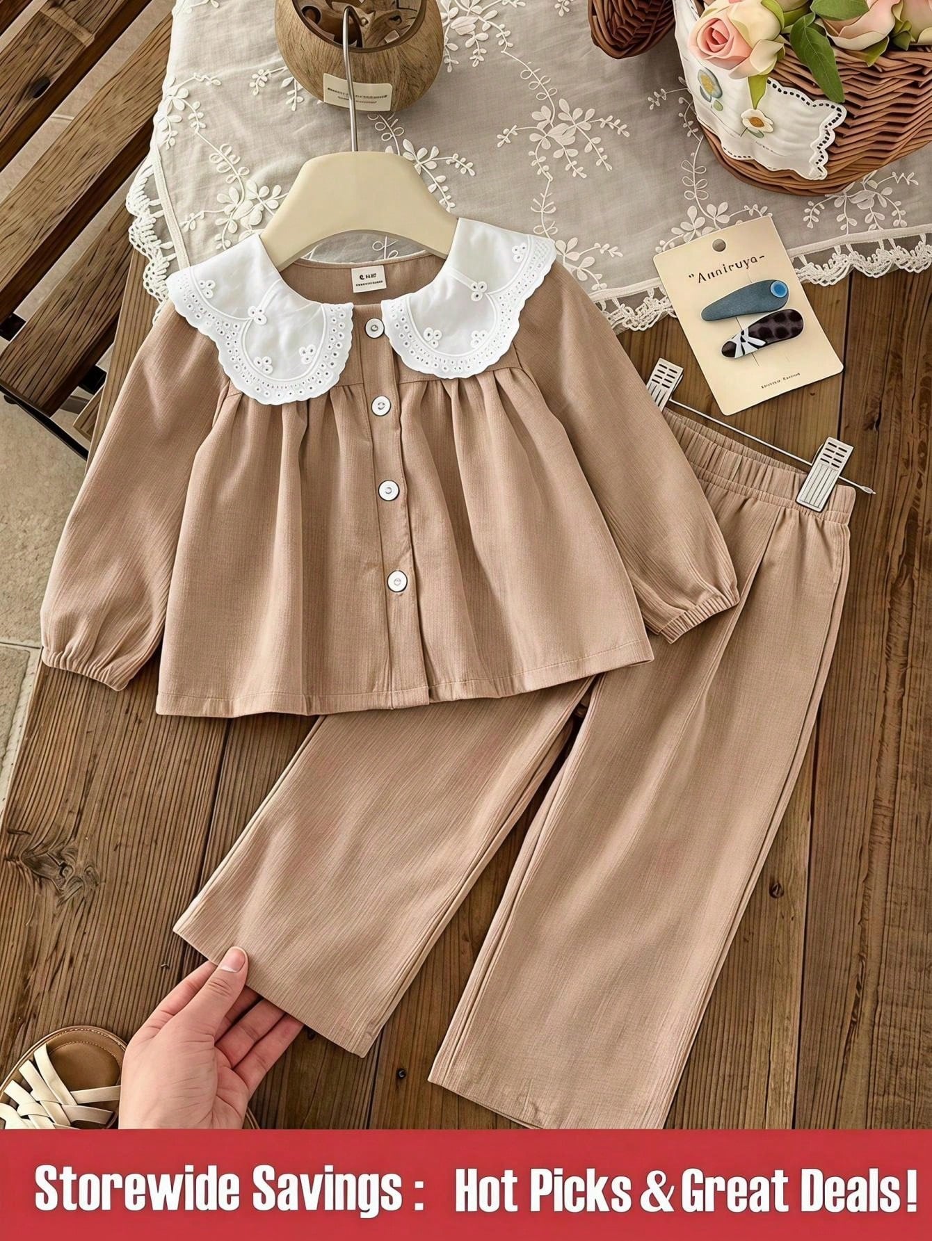 2pcs/Set Baby Girl Newborn 0-3 Years Old Casual Cute Family Matching Photoshoot Knitted Peter Pan Collar Shirt And Corduroy White Embroidered Outfit