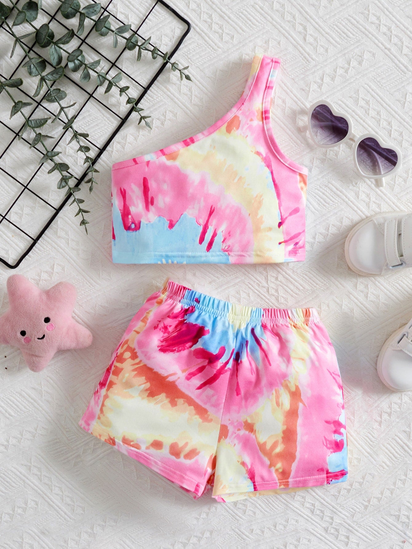 2pcs/Set Baby Girl Round Neck Short Sleeve Top And Elastic Waist Shorts, Suitable For Summer