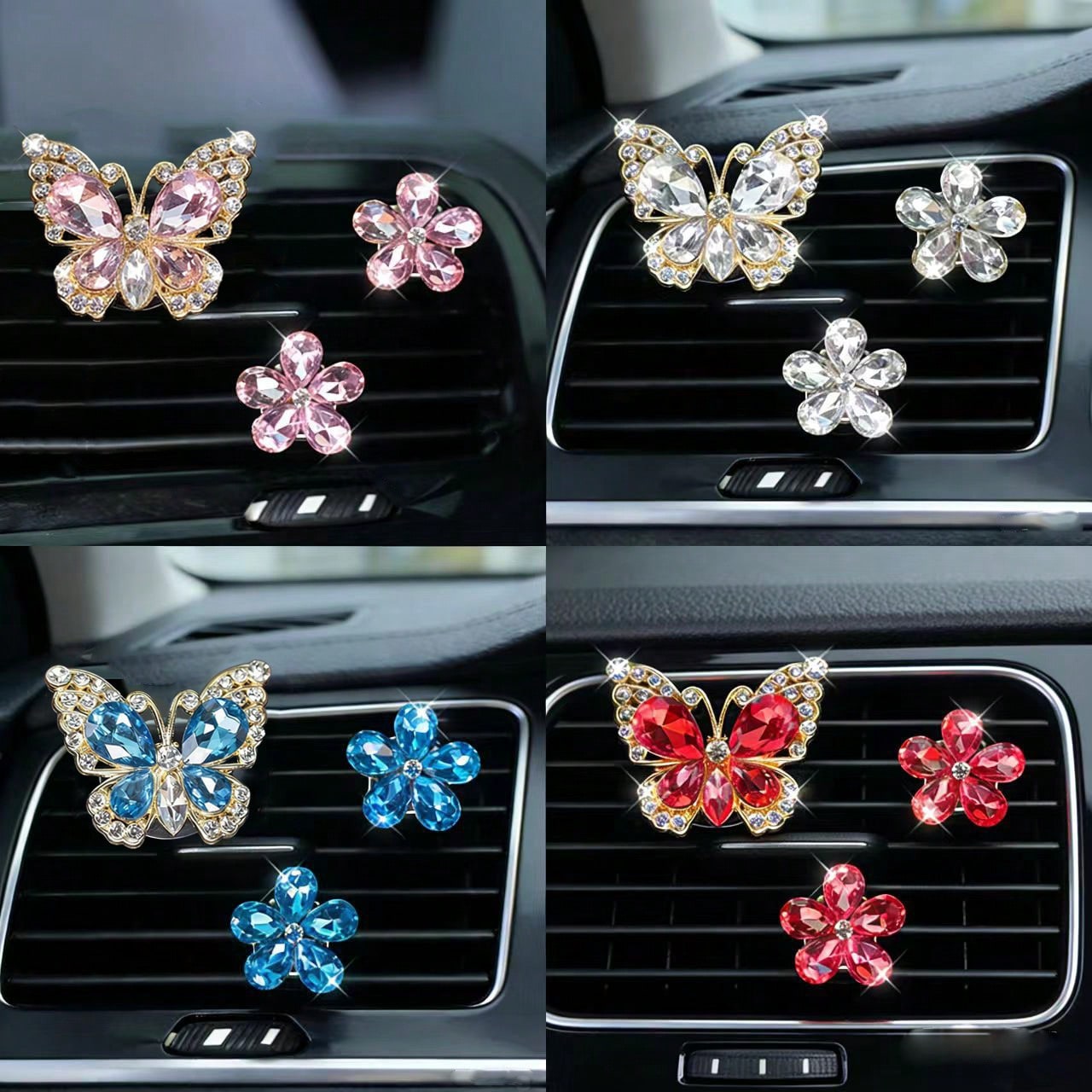 3pcs Crystal Butterfly Flower Car Air Vent Fragrance Clip, Car Interior Decor Fragrance Diffuser, Air Freshener Clip