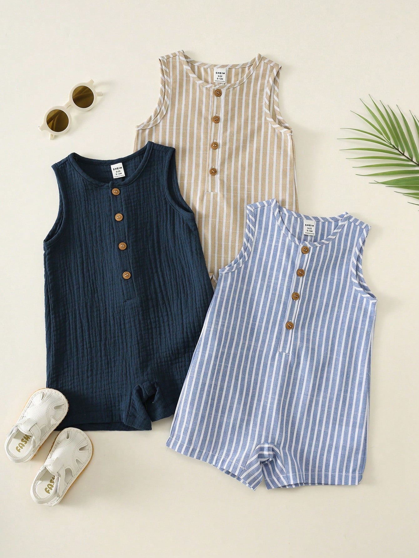 3pcs Newborn Baby Boy Baby Girl Summer Casual Striped Crinkle Fabric Romper Set, Basic Multi-Piece Set, Cute Striped Romper