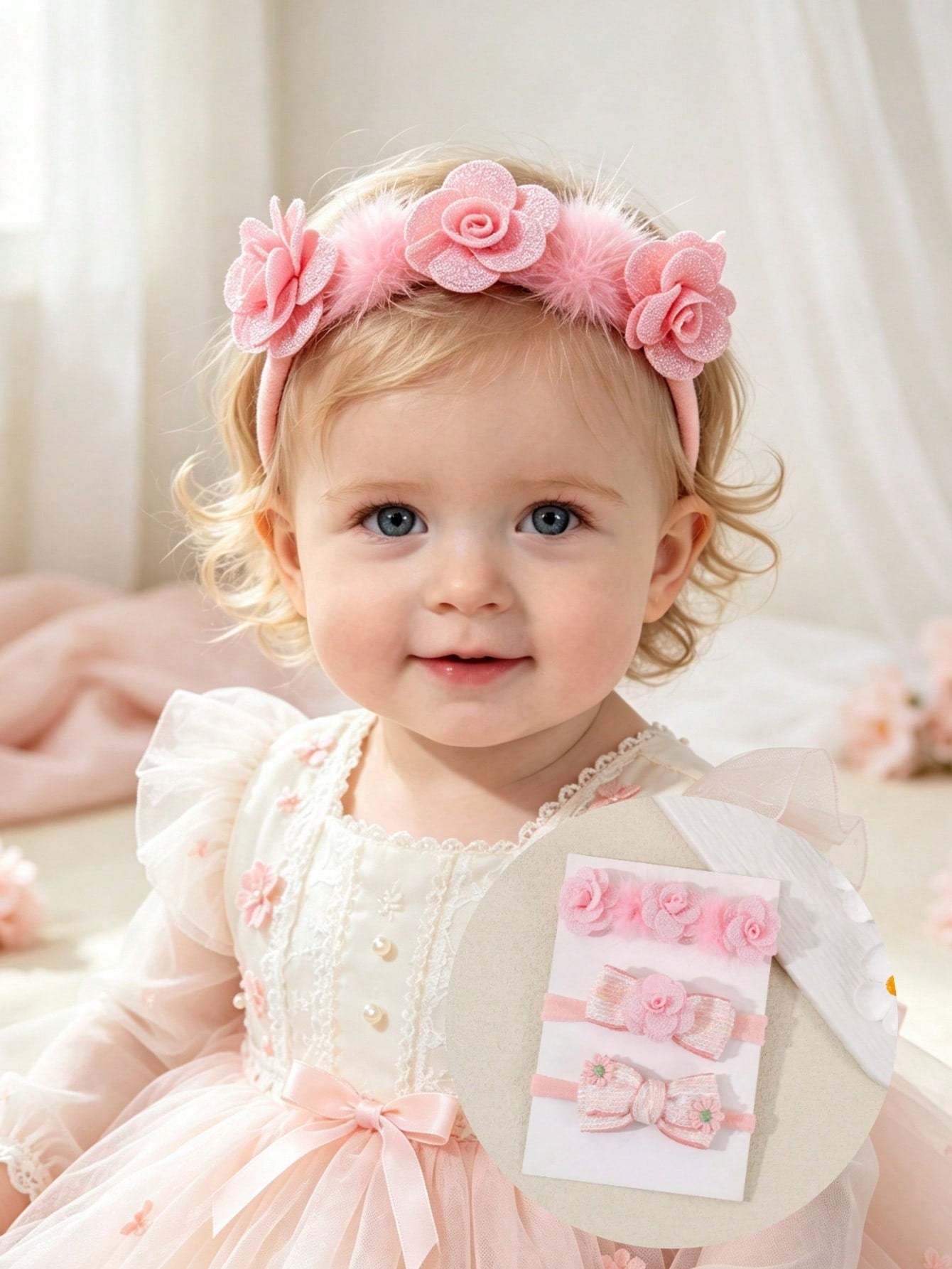 3pcs/Set Cute Baby Girl Headband With Pom Pom, Flower, Woven Ribbon, Bow, Suitable For Daily And Holiday Use (Card Not Included)