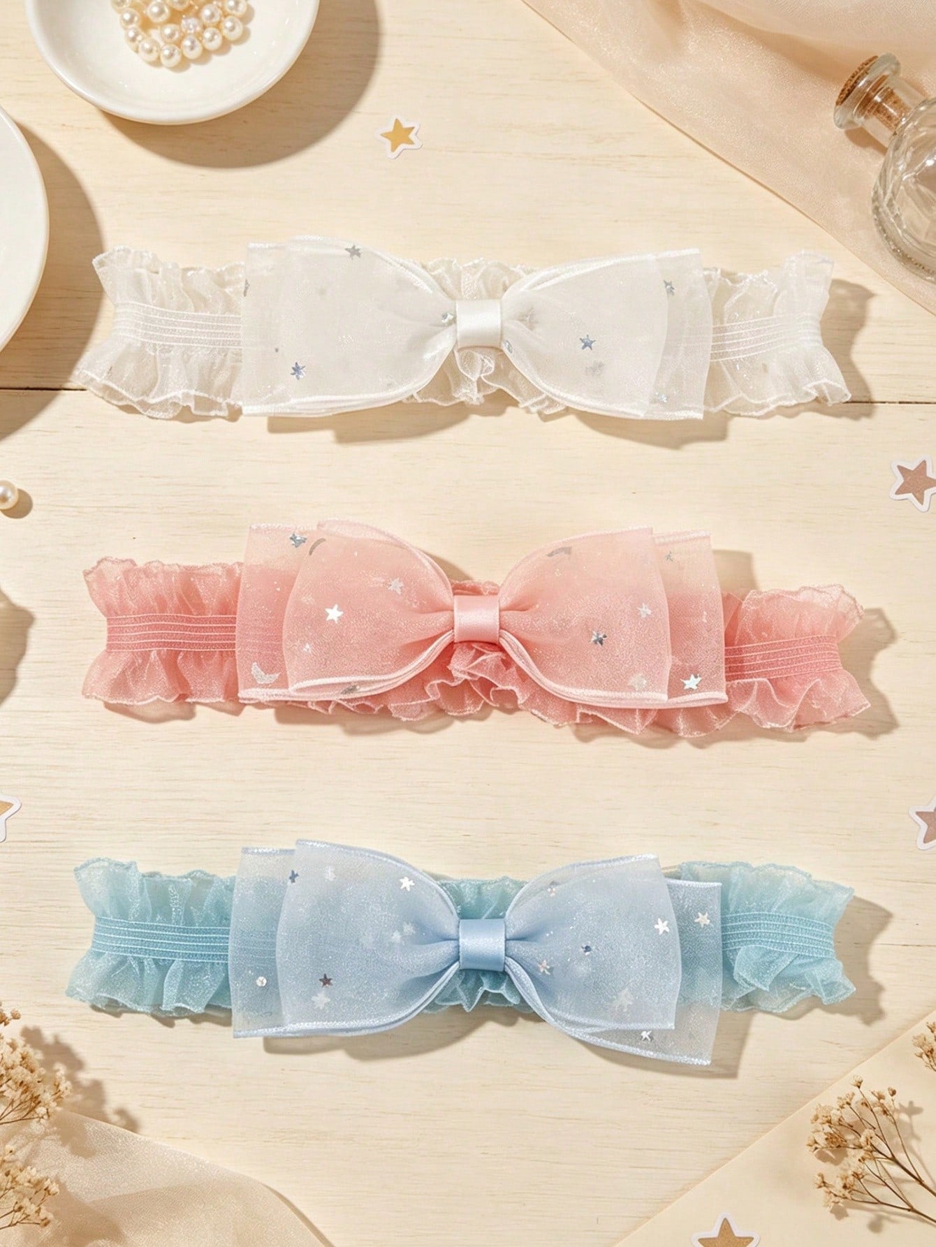 3pcs/Set European & American Baby Girl Hair Accessories, Lace Star Sequin Bow Soft Comfortable Elastic Nylon Headband
