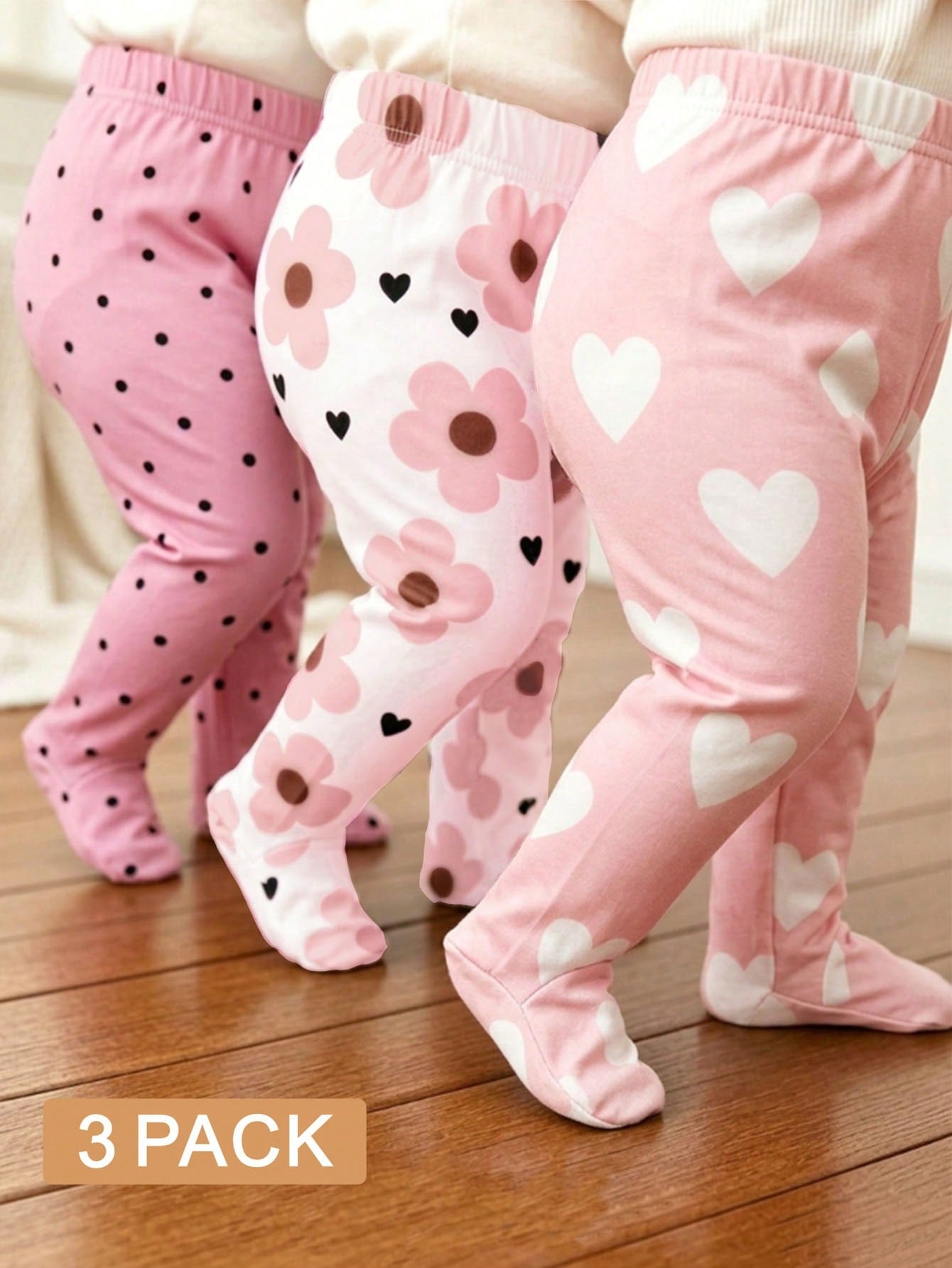 3pcs/Set Newborn Baby Girls' Cute Footie Pants, Solid Color + Floral + Mini Print, Spring/Autumn Infant Leg Warmers Bodysuit Outfit