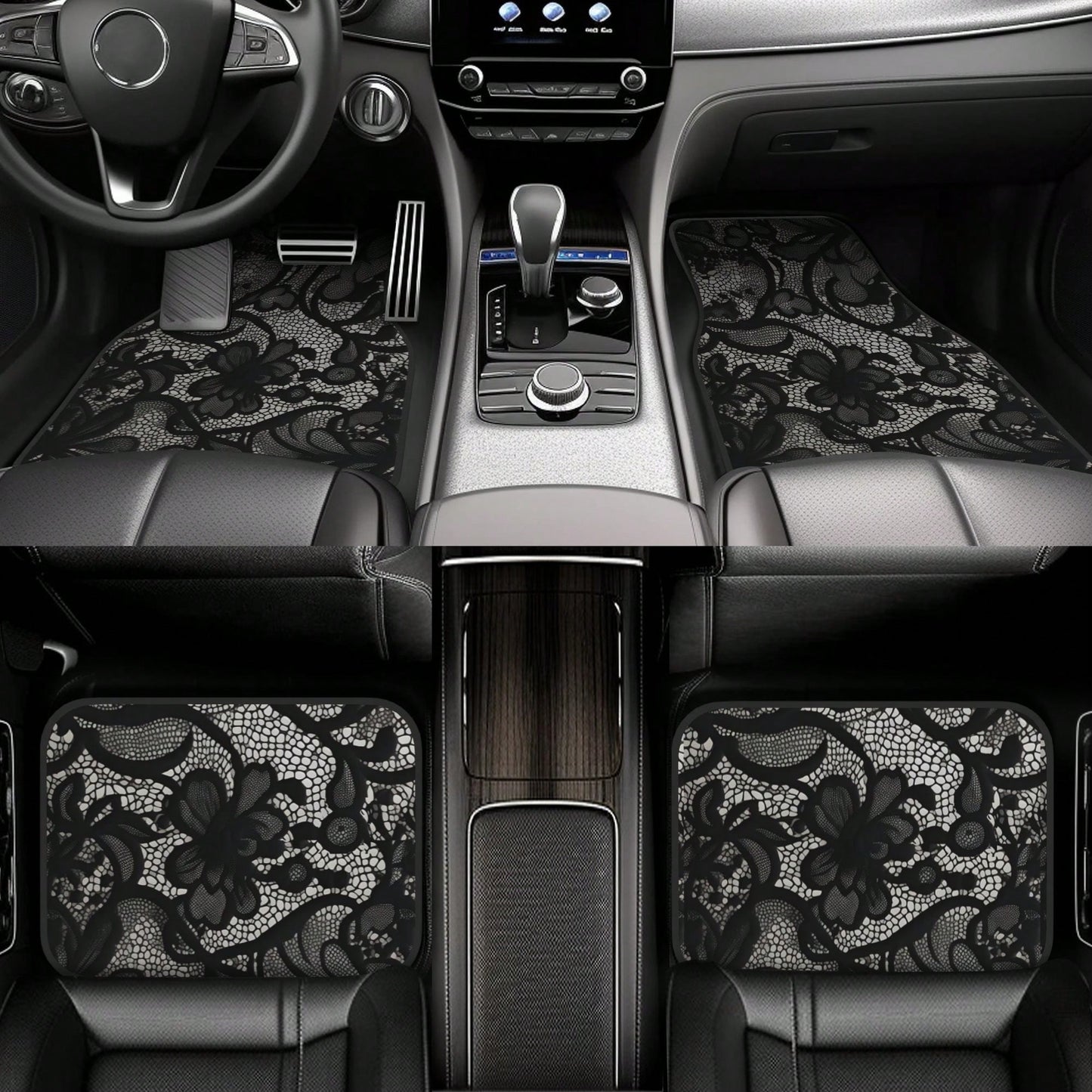 4-Piece Black Lace Pattern Car Floor Mat| Stylish, Easy-To-Clean, Versatile, Suitable For All Models, Durable Polyester Fiber, Long-Lasting Protection, Enhancing Driving Pleasure, Making It The Perfe
