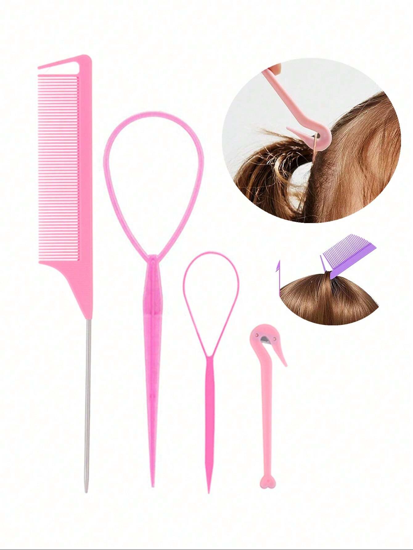 4Pcs Topsy Tail Hair Tool Hair Looping Tool Hair Braiding Tool With Rat Tail Comb, Ponytail Loop Hai