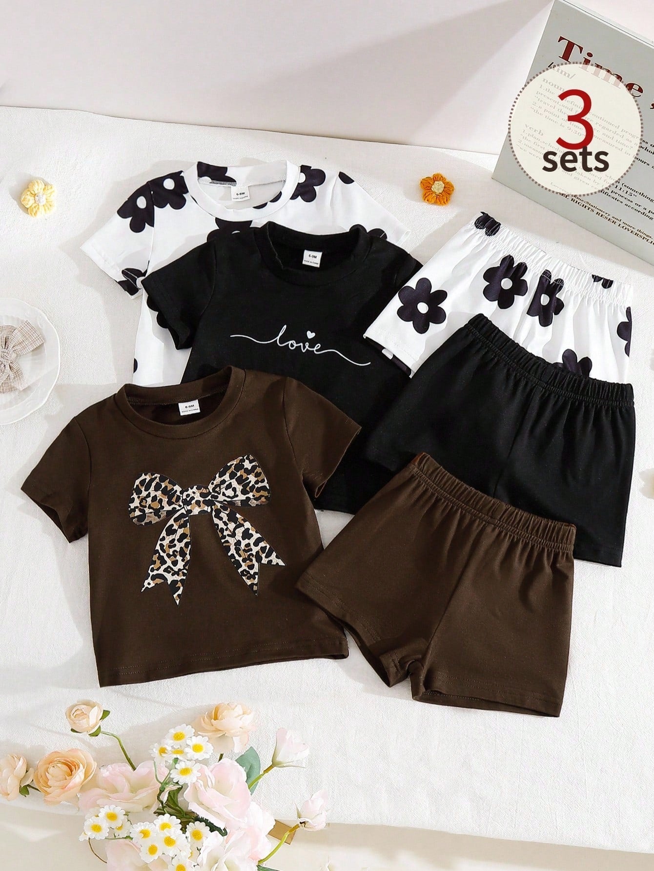 6pcs/Set Baby Girls Newborn Toddler 0-3 Years Spring Summer New Cute Bunny Solid & Striped T-Shirt Shorts Outfit Set