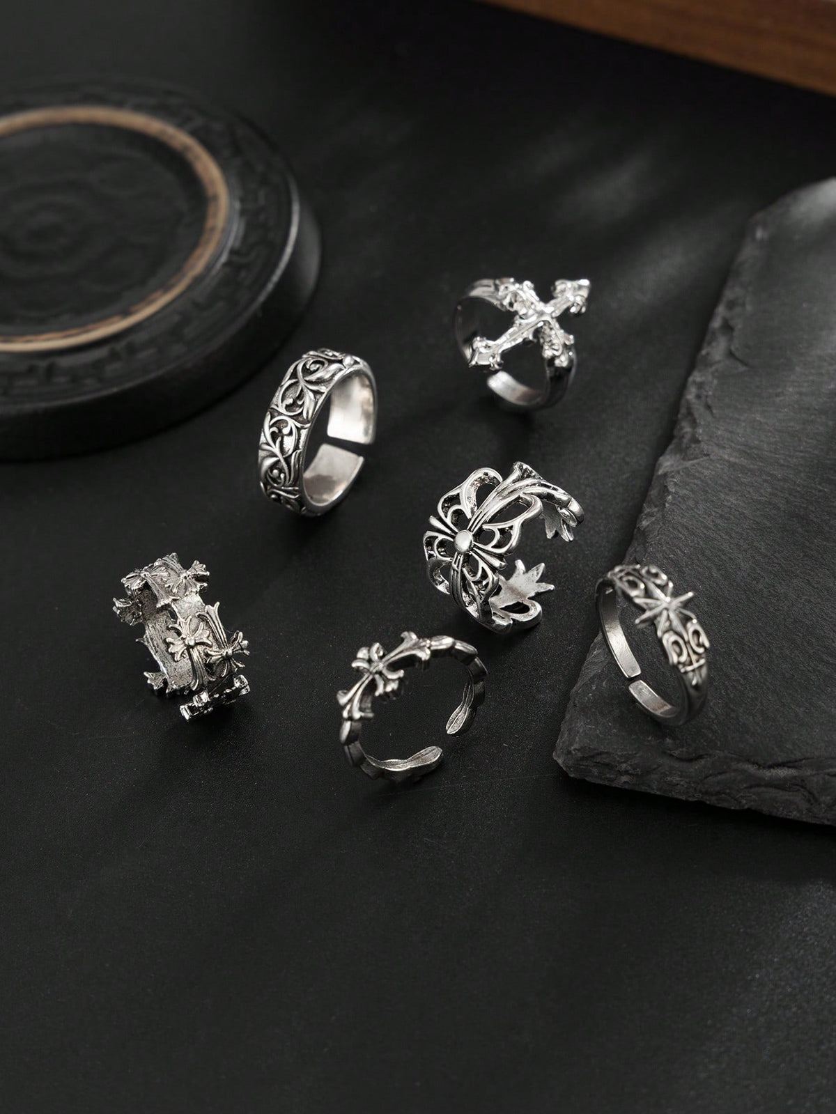 6pcs/Set Fashion Street Punk Style Cross Flower Ring Set, Suitable For Daily Wear And Holiday Decoration