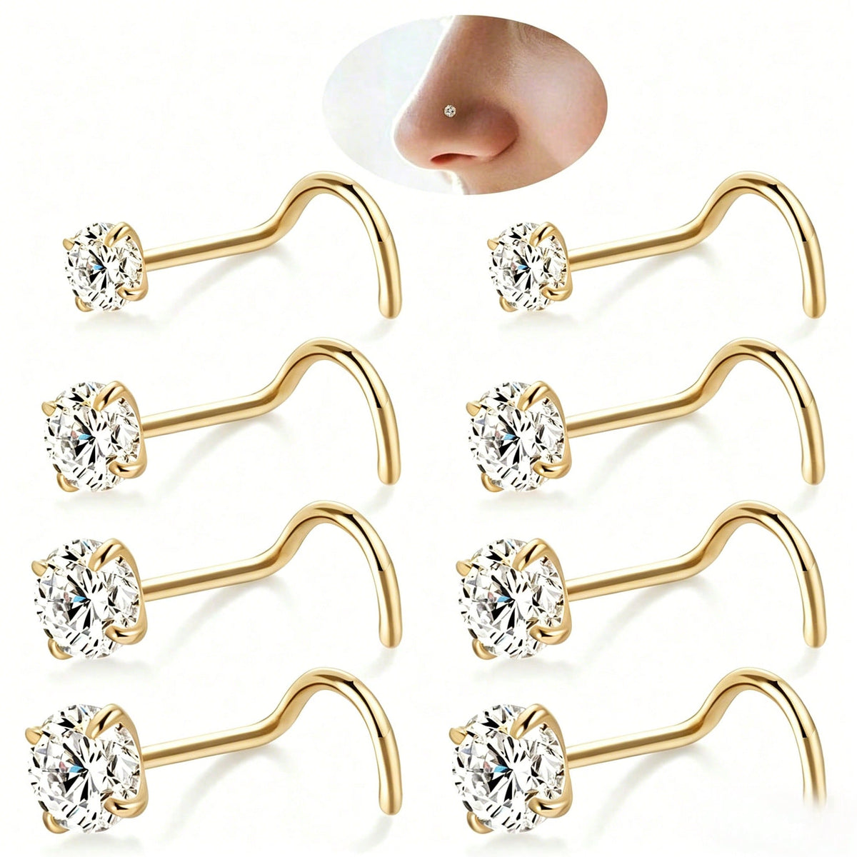 8pcs 316L Stainless Steel Hypoallergenic Nose Studs, Cork Screw Nose Rings For Women, Cubic Zirconia Faux Diamond Top, Size 1.5mm 2mm 2.5mm 3mm