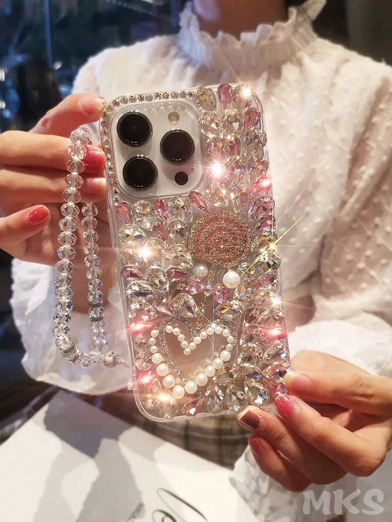 Alloy Luxury Pink Sparkling Sequin Bling Rhinestone Metallic Faux Pearl Heart Shock-Proof Fashion Phone Case Compatible With IPhone 16 Pro Max 15 Plus Galaxy S Series International Version Spring Birt