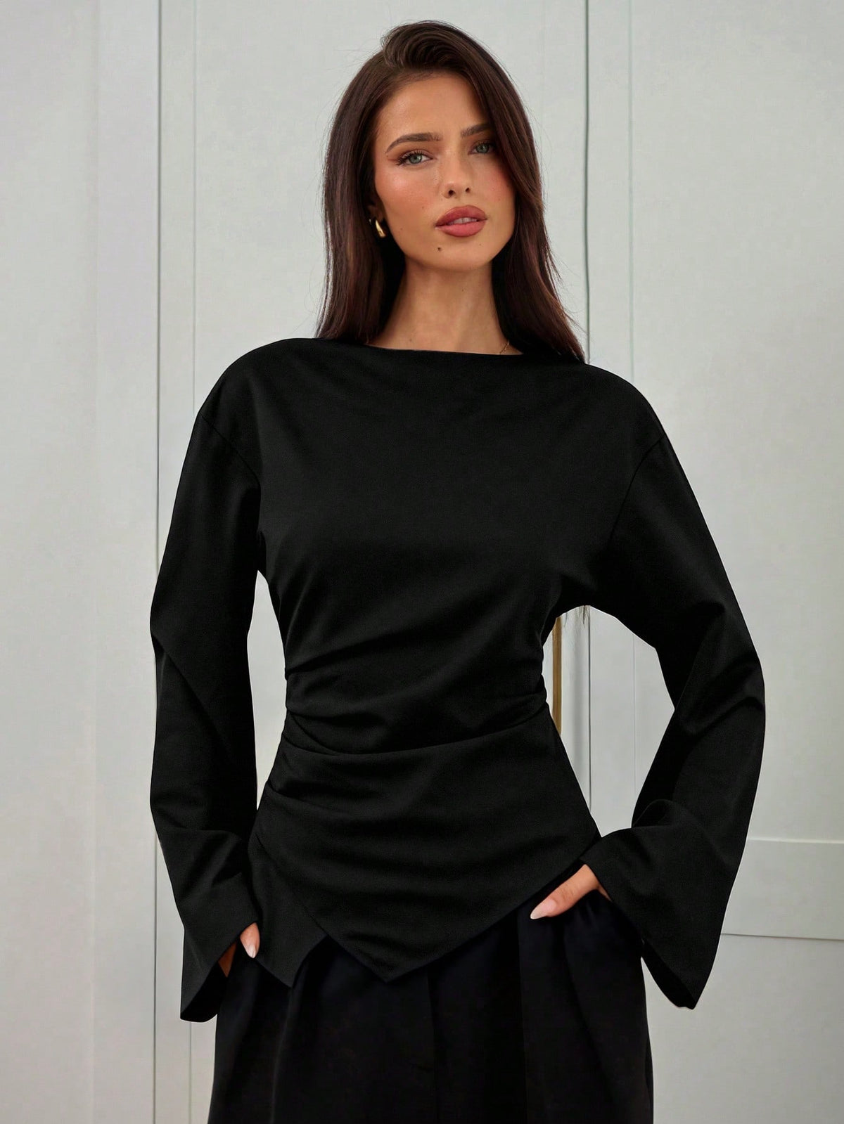 Aloruh Women's Autumn/Winter New Stylish Commuter Waist Ruched Slimming Asymmetric Hem Long Flare Sleeve V-Neck Pullover Blouse,Elegant Blouses For Women