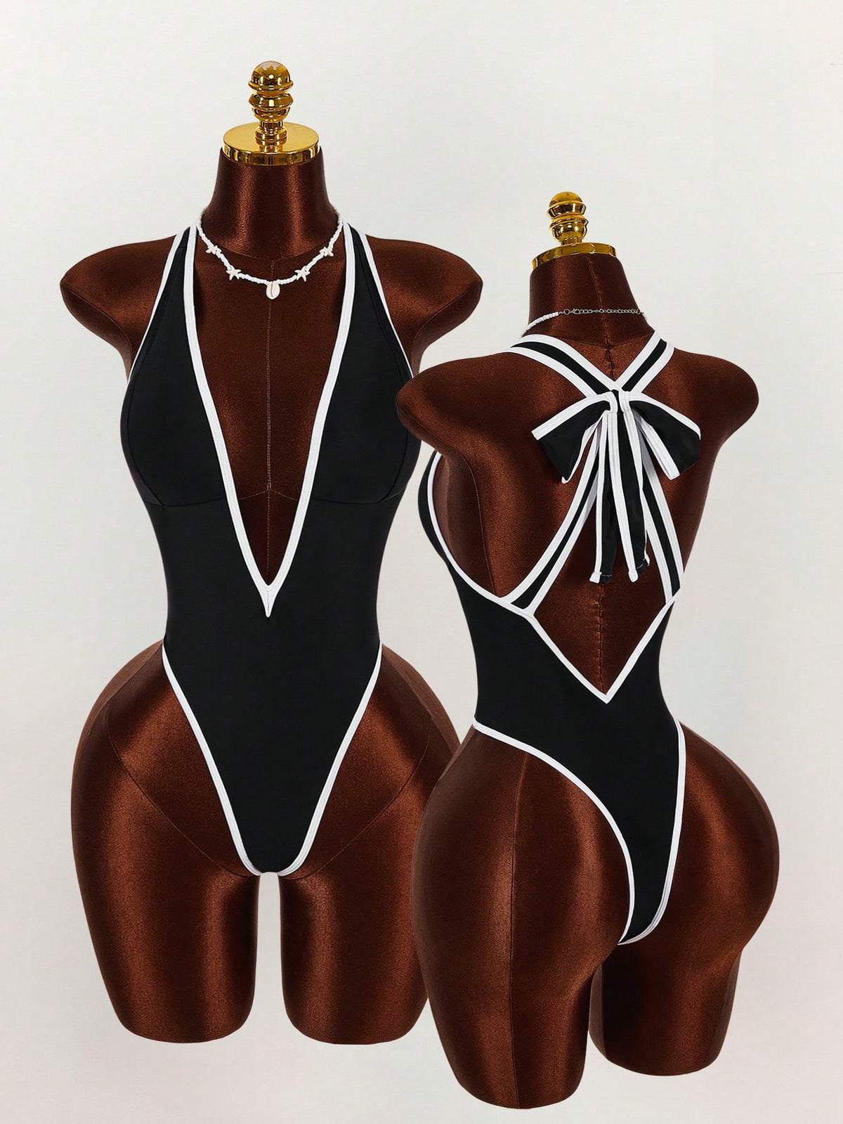 Amplova Women's Sexy Monochrome One Piece Swimsuit, Deep V-Neck Backless Bowknot Design, Sophisticated Look Suitable For Valentine's Day