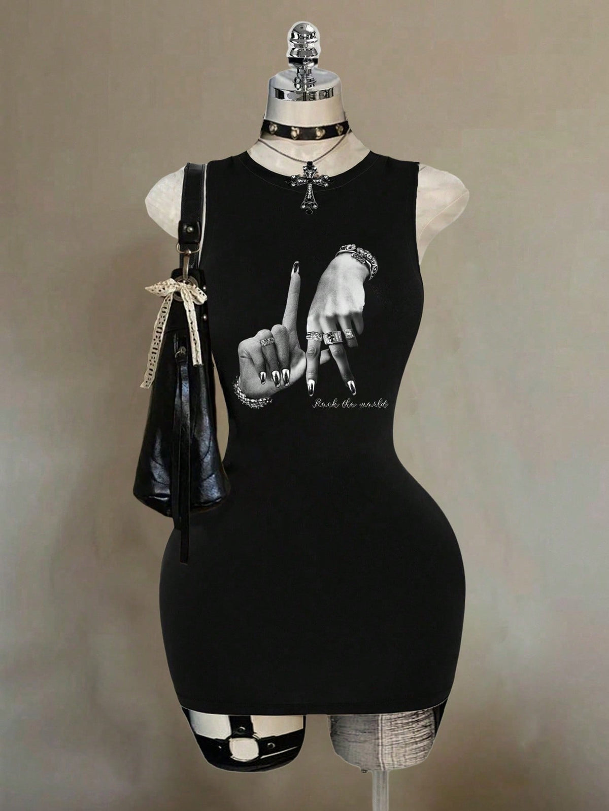 Attitoon Black And White Summer Punk Club Night Hand Gesture Hip Hop Print Sleeveless Bodycon Dress For Women,Y2K Streetwear Chic Hip Hop Casual Mini Dress